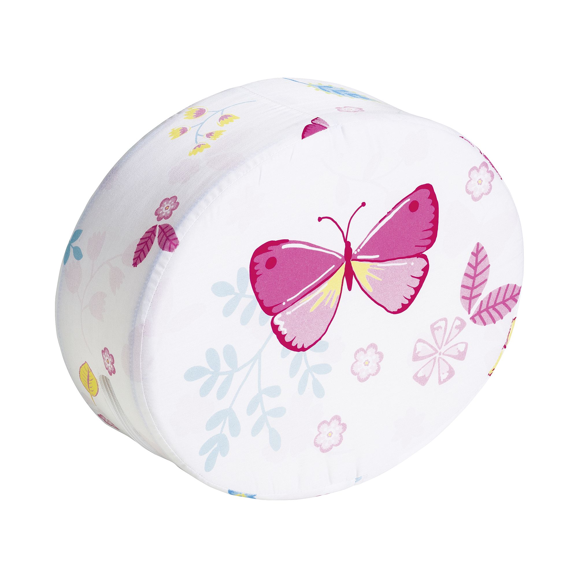 Weißes Kissen mit einem rosafarbenen Schmetterling und Blumenmuster auf dem Bezug.