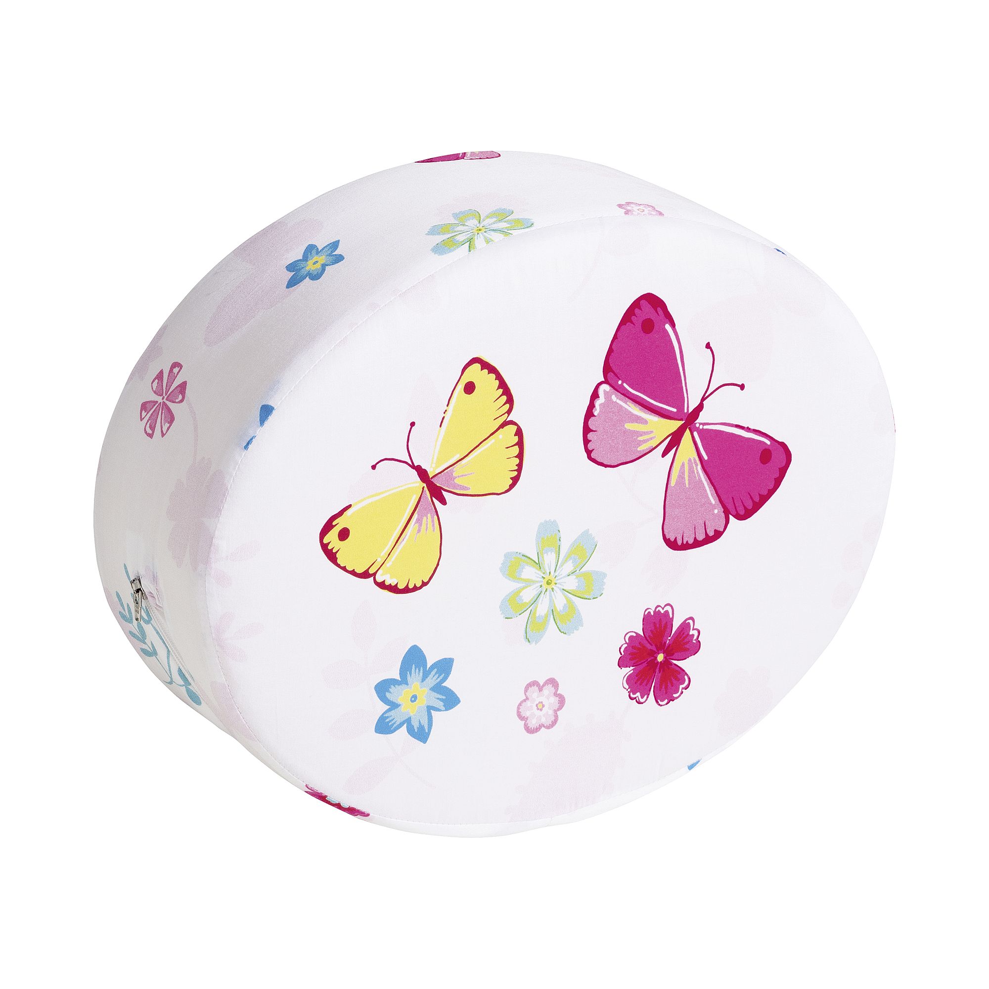Ovales Kissen mit bunten Schmetterlings- und Blumenmotiven auf weißem Hintergrund.