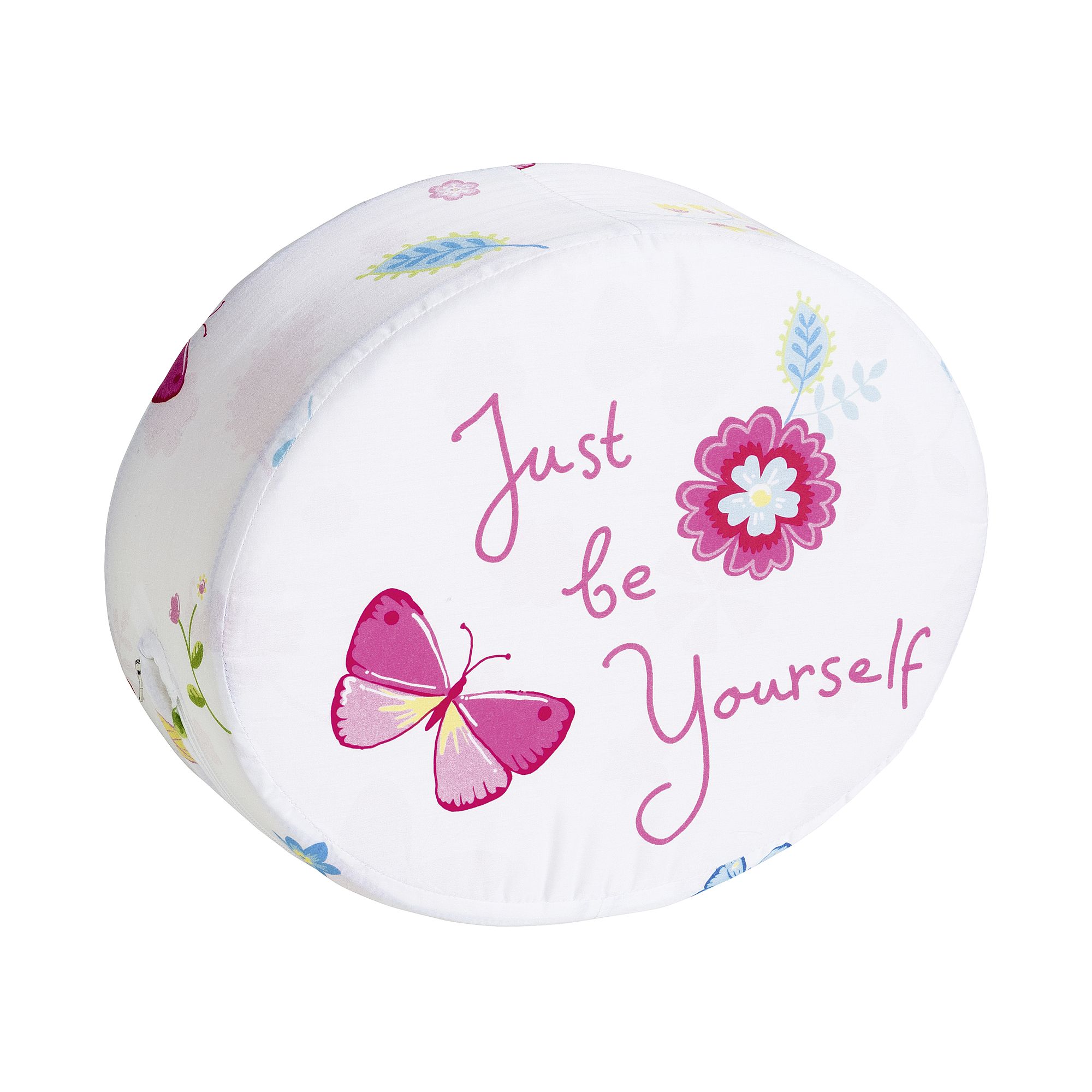 Rundes Kissen mit Blumen, einem rosa Schmetterling und dem Text Just be Yourself.