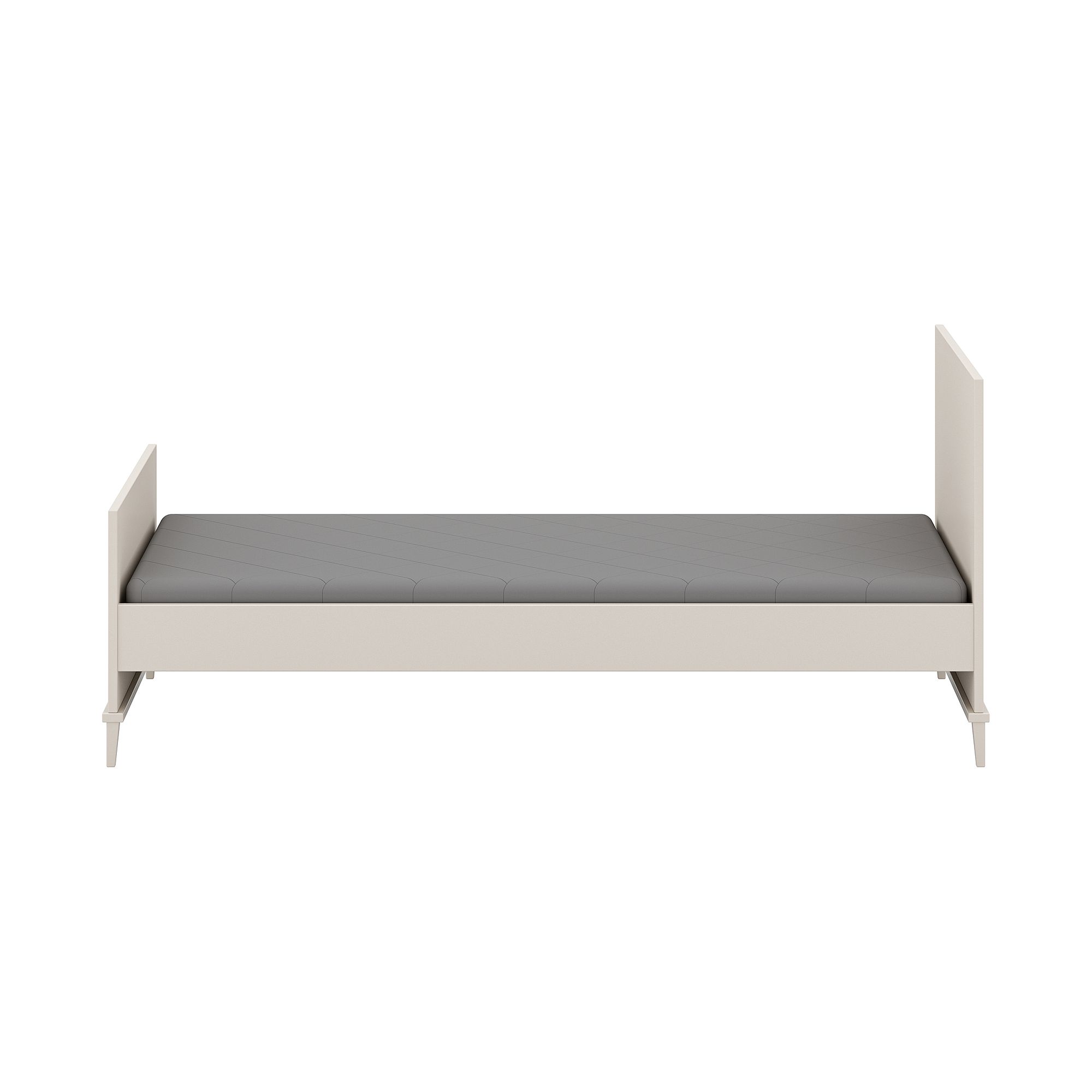 Minimalistisches Einzelbett mit grauer Matratze und weißem Rahmen, von vorne gesehen.