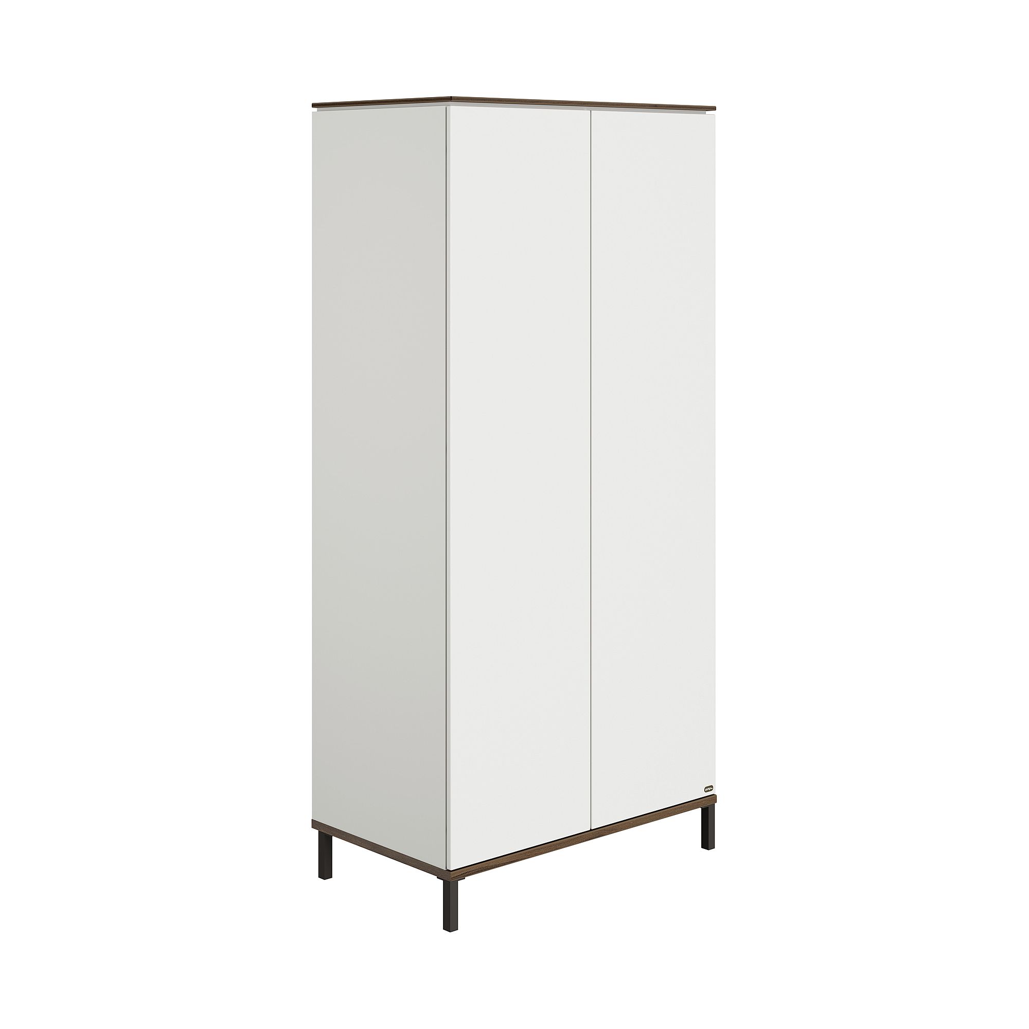 Hoher, weißer, moderner Schrank mit zwei Türen und schwarzen Beinen.