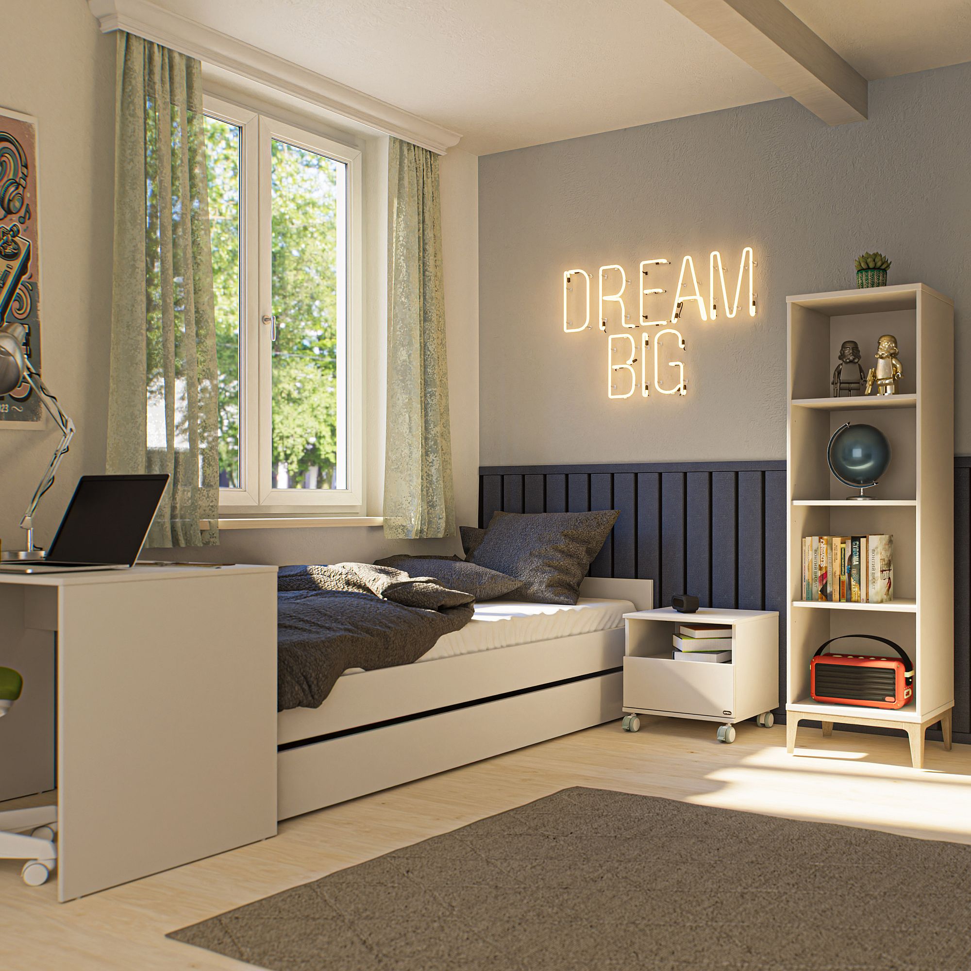 Modernes Schlafzimmer mit Bett, Schreibtisch, Regalen und DREAM BIG Wandleuchten.