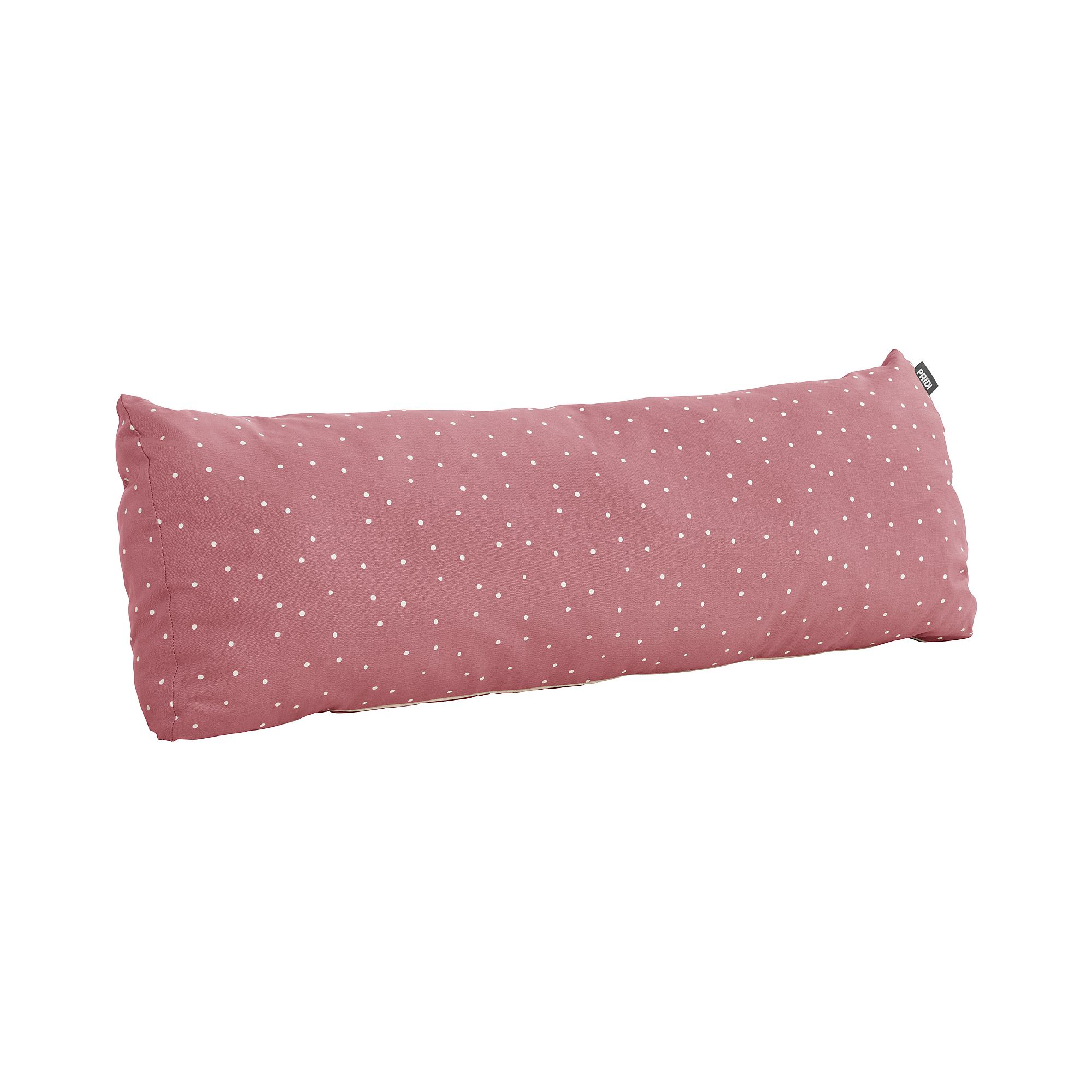 Langes rosa Kissen mit weißen Tupfen auf weißem Hintergrund.