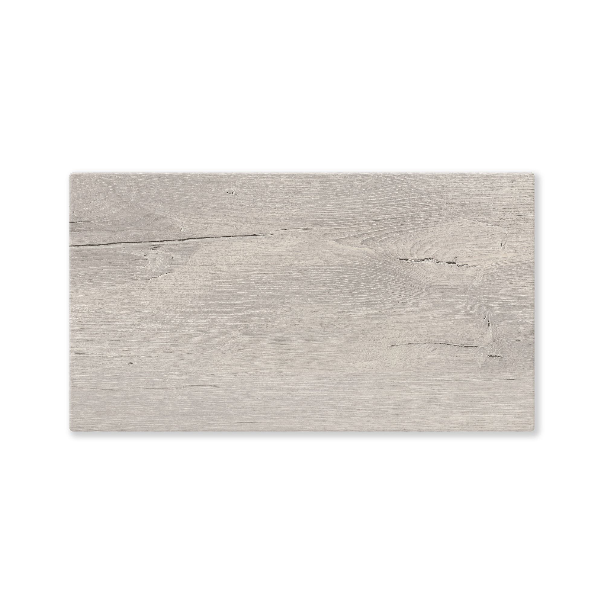 Hellgraue Holzplanke mit subtiler Holzmaserung und Aststrukturen auf weißem Hintergrund.