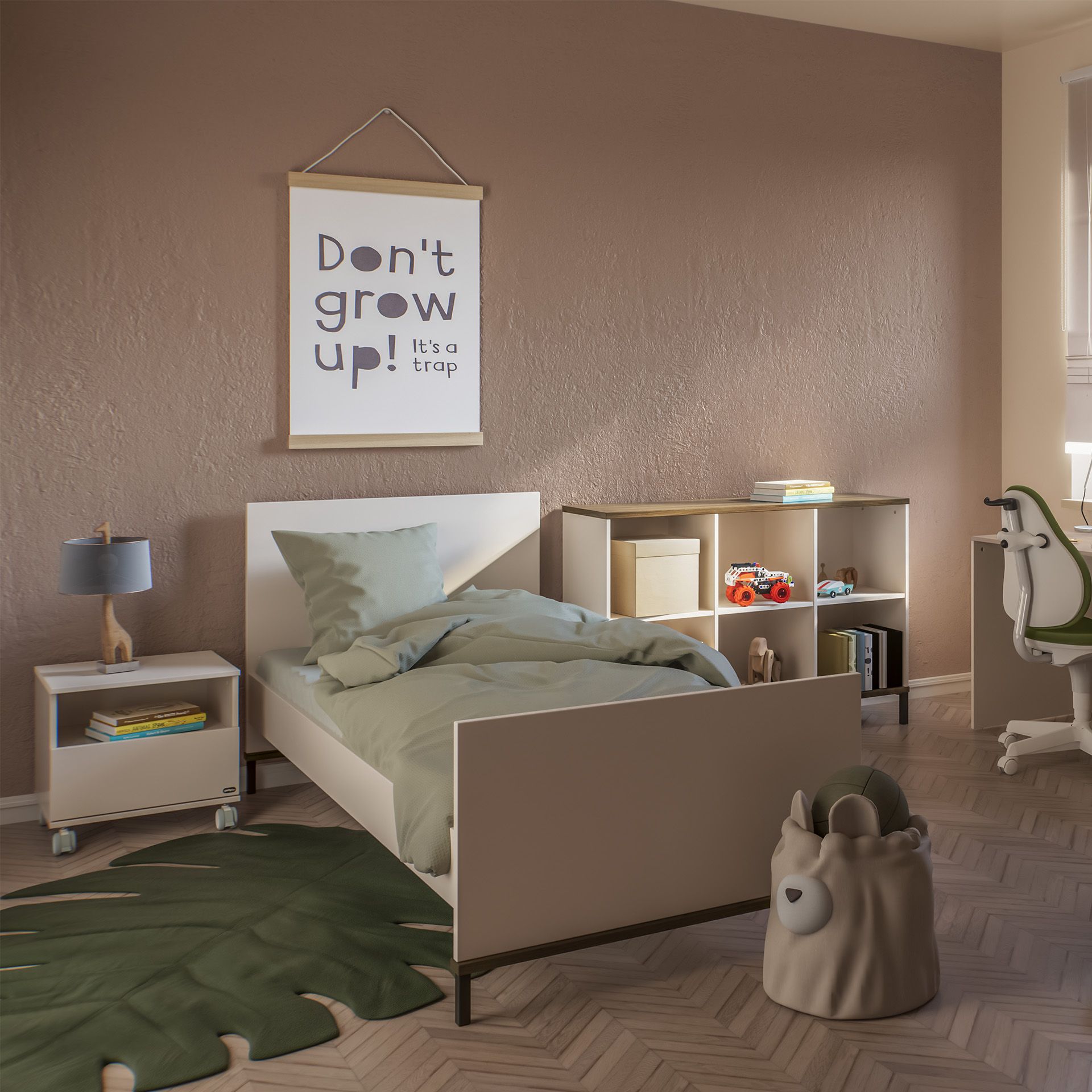 Modernes Kinderzimmer mit einem Bett, Spielzeug und einem Wandschild Dont grow up!.