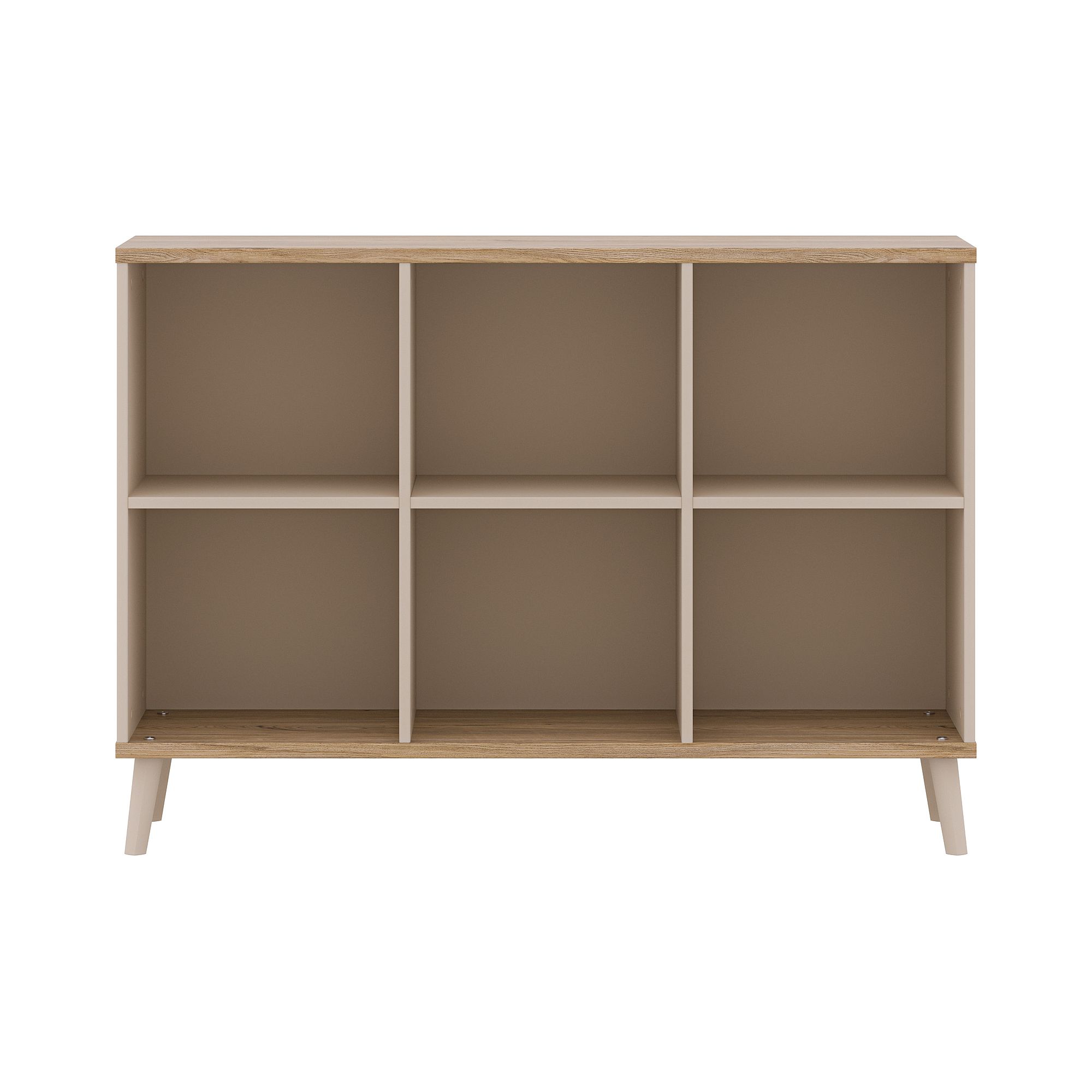 Ein Holzregal mit sechs offenen quadratischen Fächern und schrägen Beinen.