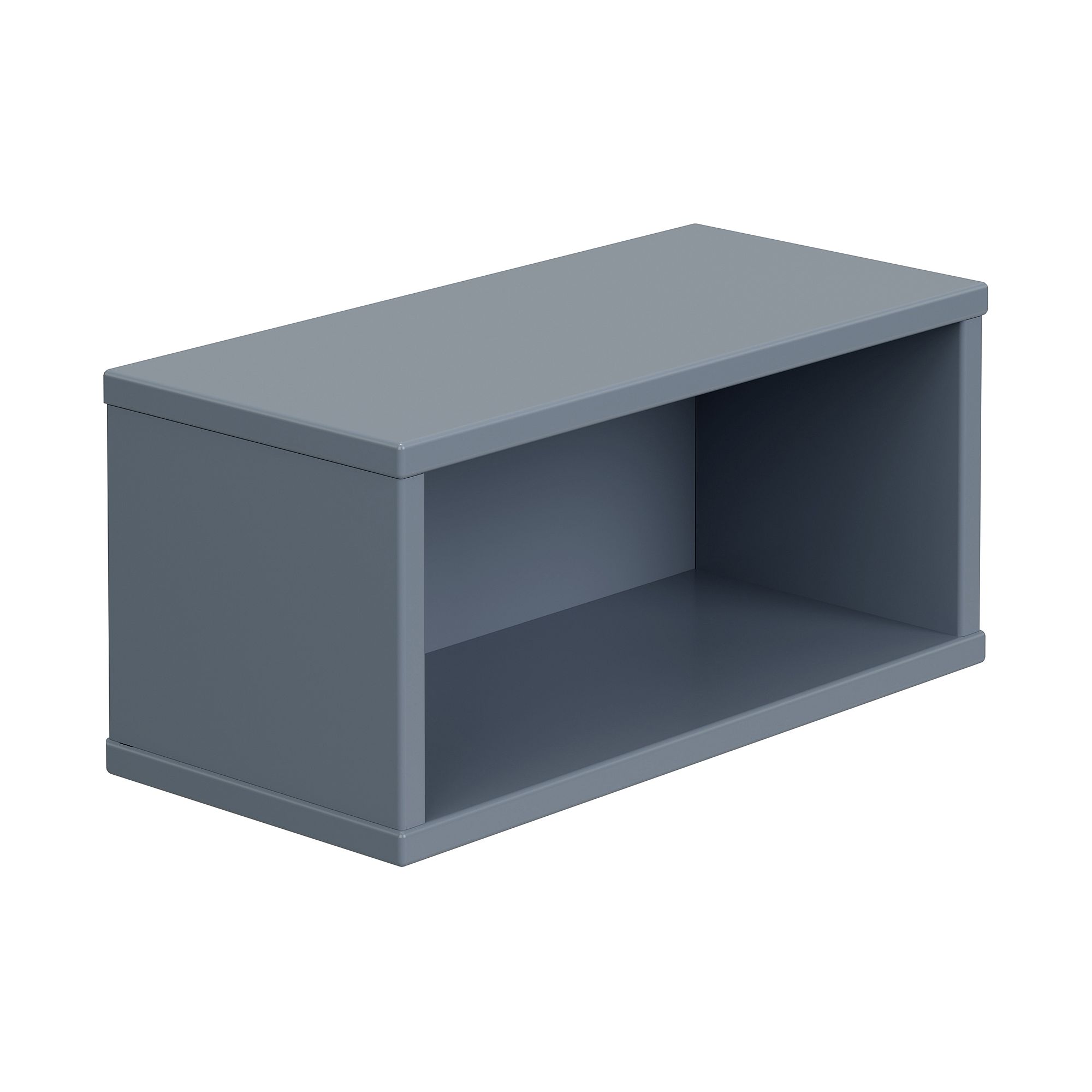 Wandregal Wandbox, rechteckig, 40 x 18,5 cm, Mattblau Rechteckige, graue, offene Regalbox mit glatter Oberfläche auf weißem Hintergrund.