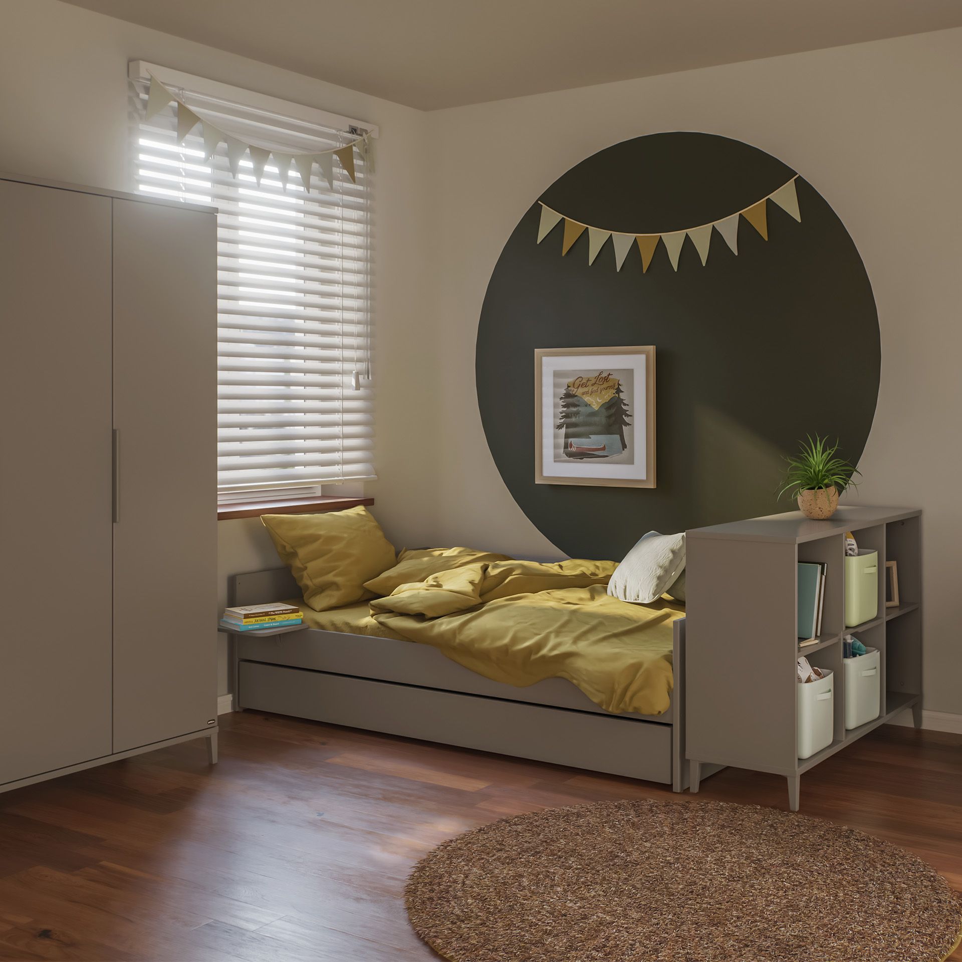 Minimalistisches Kinderzimmer mit gelbem Bett, grüner Kreiswand und gemütlicher Einrichtung.