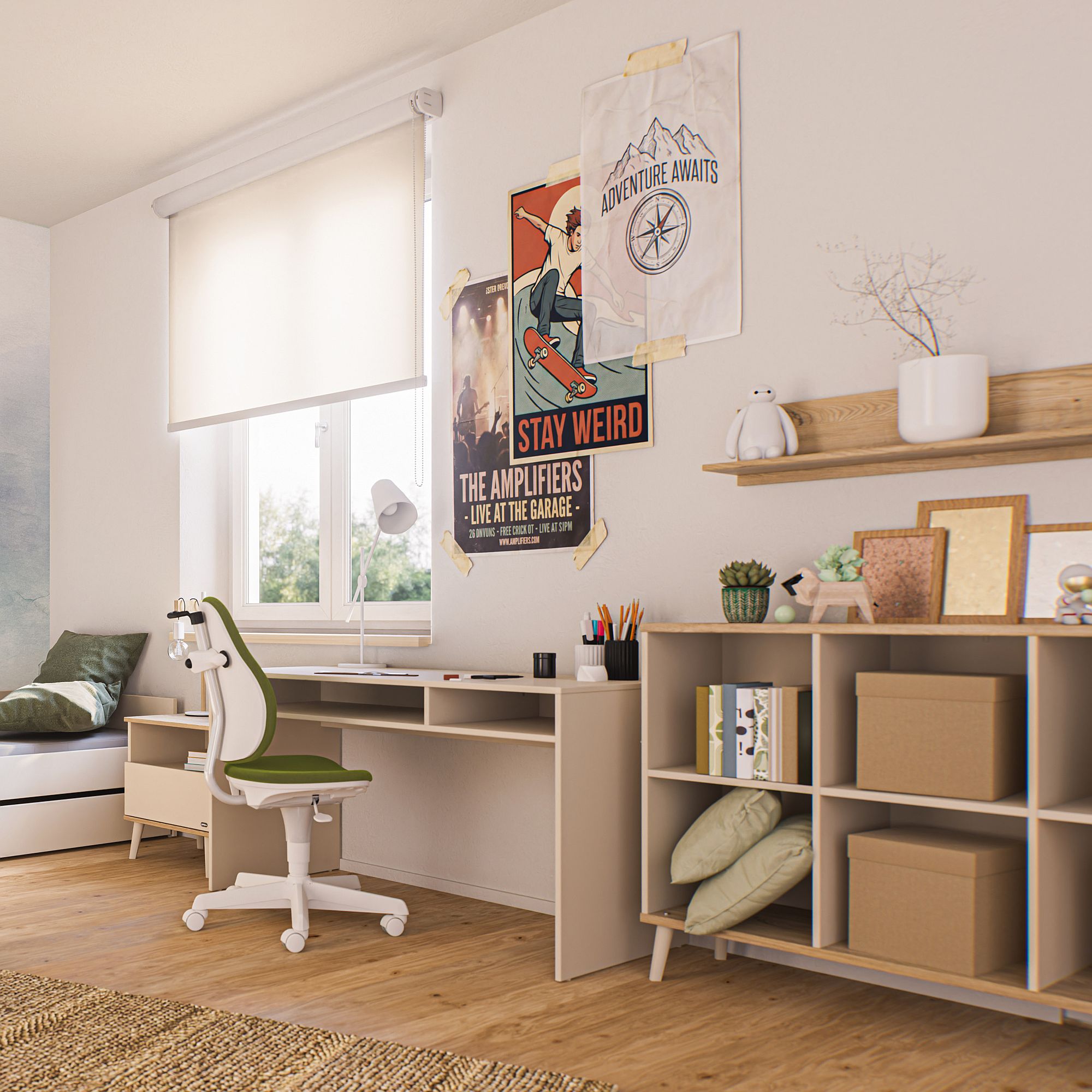 Moderner Arbeitstisch mit Stuhl, Regalen und Wanddekoration in einem hellen Schlafzimmer.