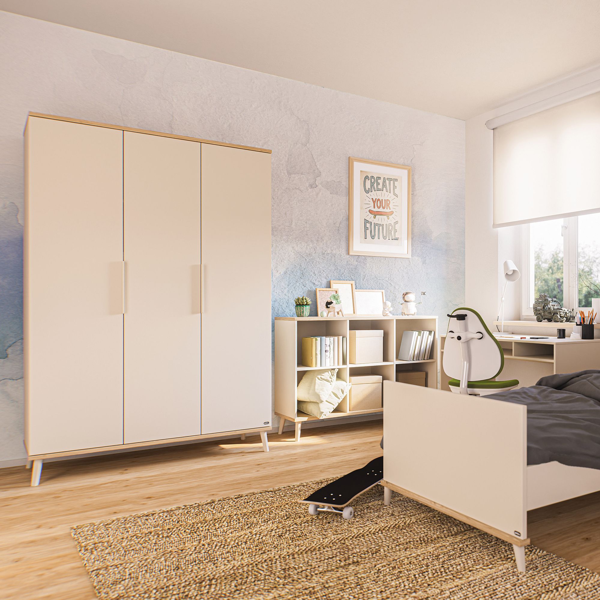 Minimalistisches Schlafzimmer mit weißen Möbeln, Skateboard und dem Wandbild Create Your Future.