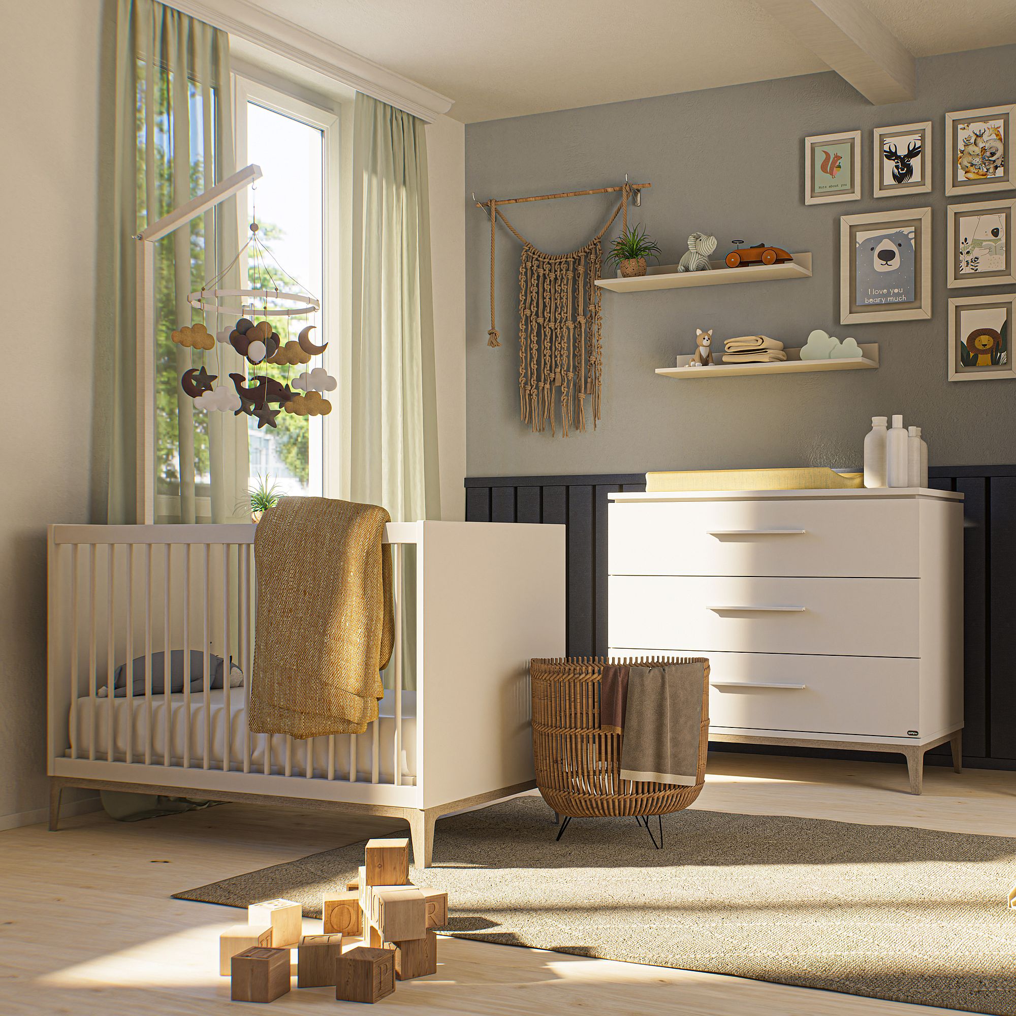 Modernes Kinderzimmer mit Kinderbett, Kommode, Spielzeug und Wandkunst in natürlichem Licht.