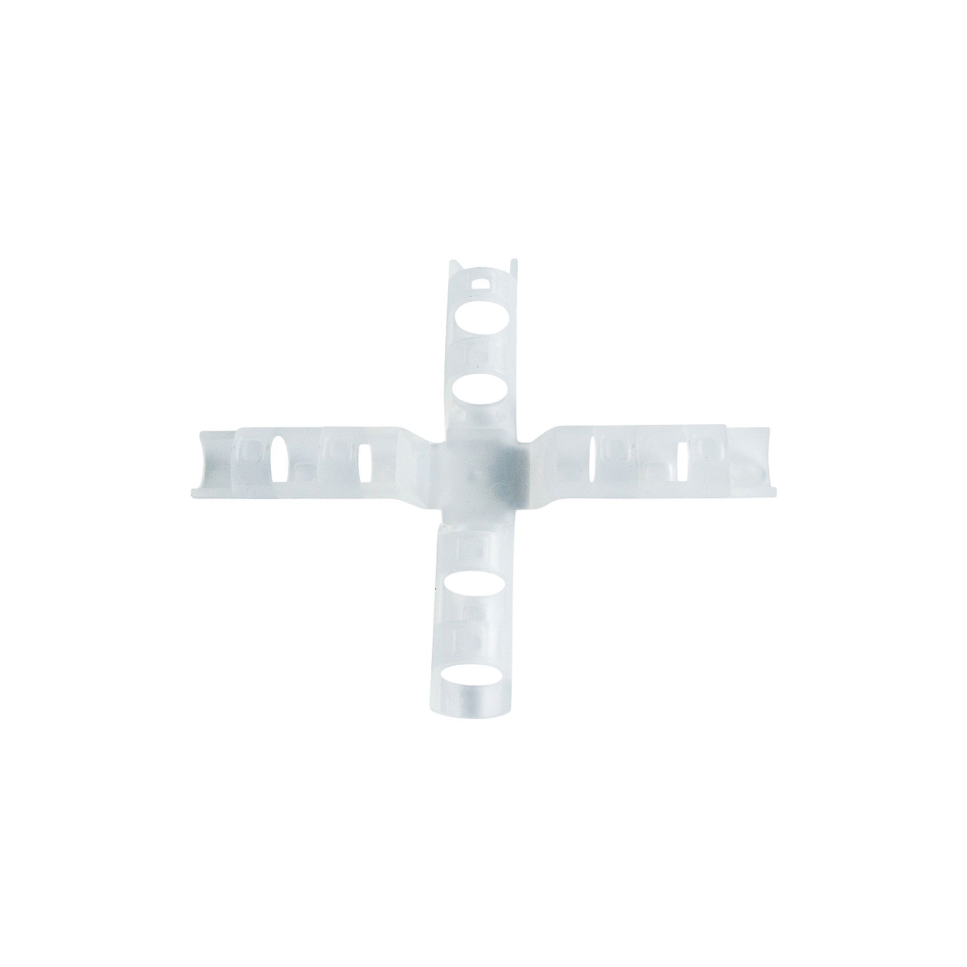 Kreuzförmiger Bügel aus transparentem Kunststoff mit kreisförmigen Löchern an jedem Arm.