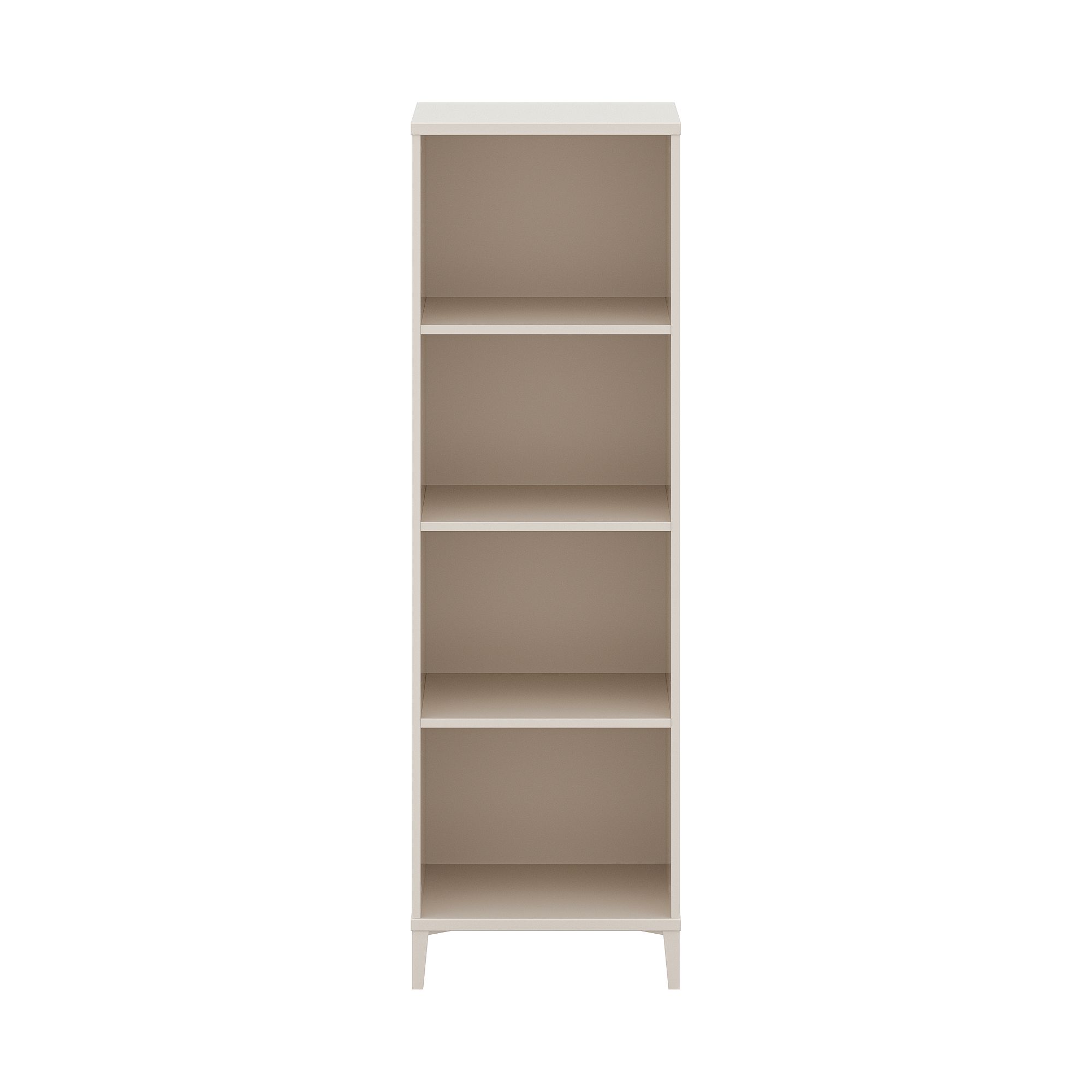 Hohes, beiges Bücherregal mit vier leeren Fächern auf weißem Hintergrund.
