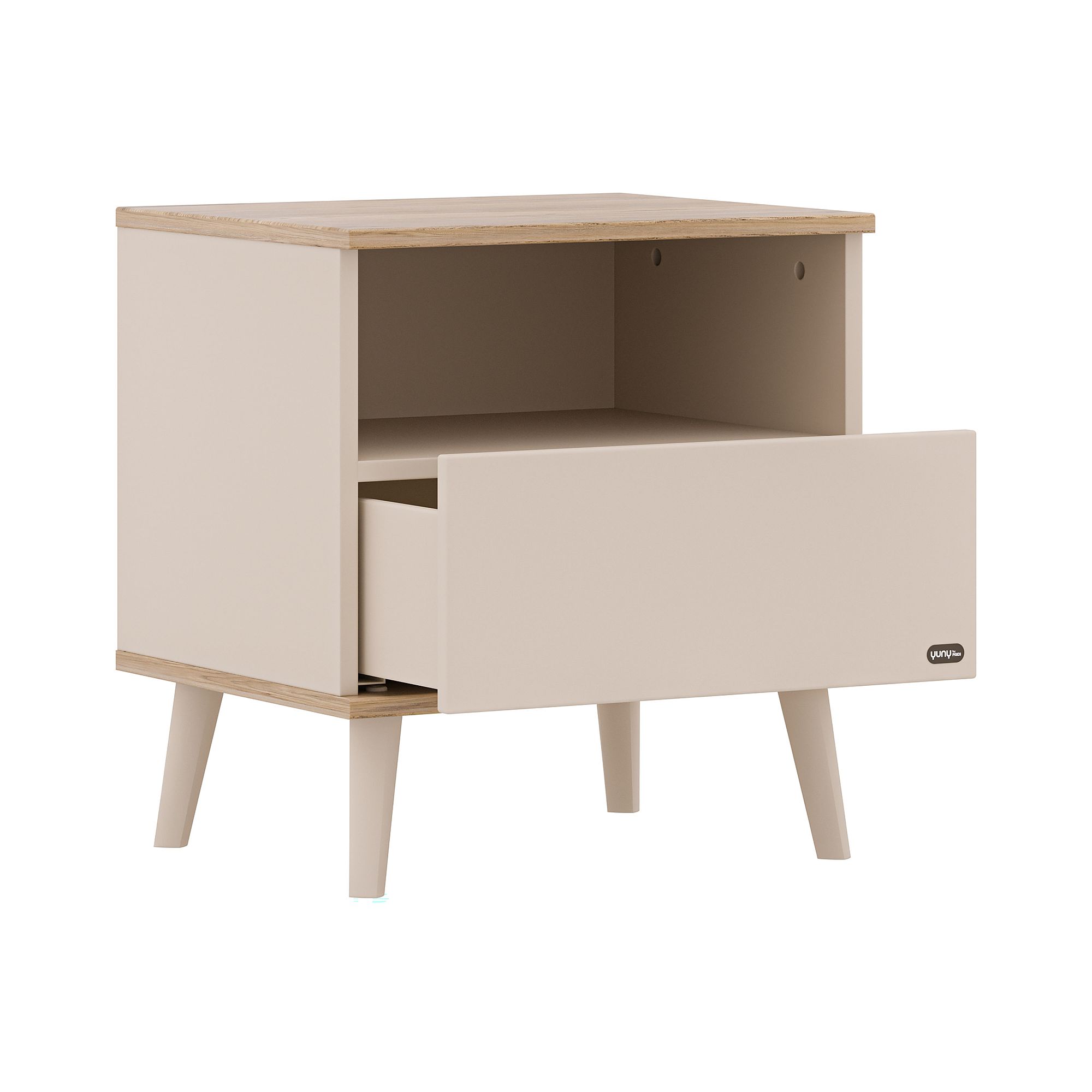 Beigefarbener Nachttisch mit einer offenen Schublade und einer offenen Ablage auf vier Beinen.