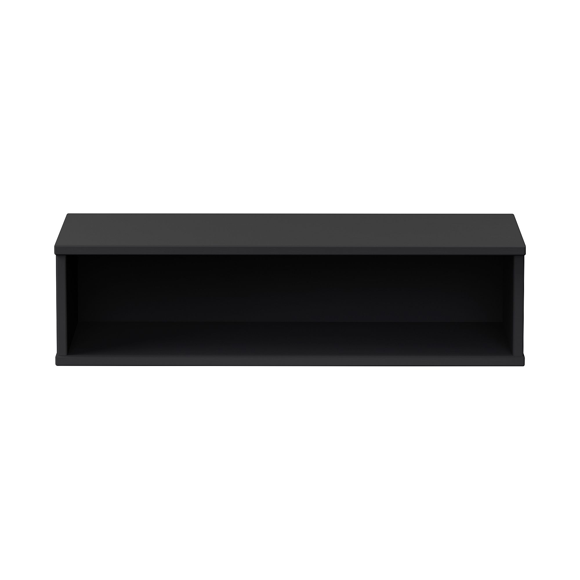 Wandregal Wandbox, rechteckig lang, 70 x 18,5 cm, Naturschwarz Rechteckiges schwarzes Wandregal mit offener Front vor weißem Hintergrund.