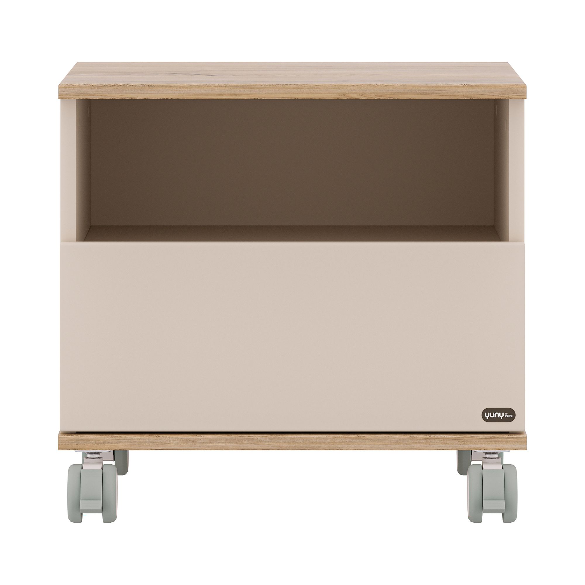 Beigefarbener Rollcontainer mit offenem Regal und vier Rädern, Vorderansicht.