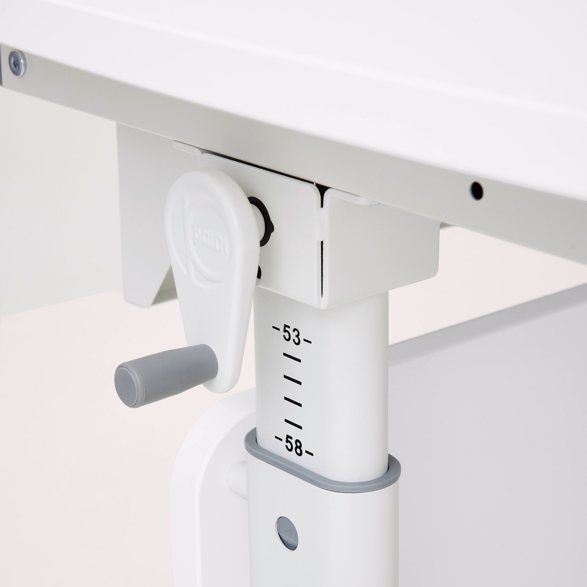 Weißes verstellbares Tischbein mit Höhenmarkierung und grauem Verstellgriff.