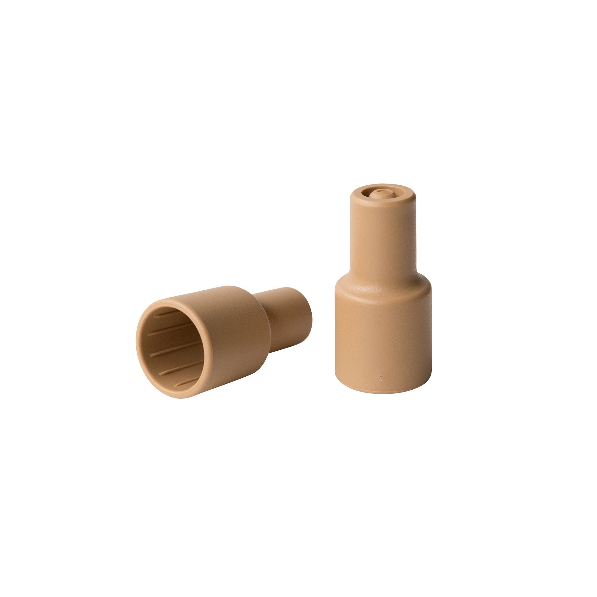 Zwei hellbraune LEGO Stecker aus Kunststoff, einer aufrecht und einer auf der Seite liegend.