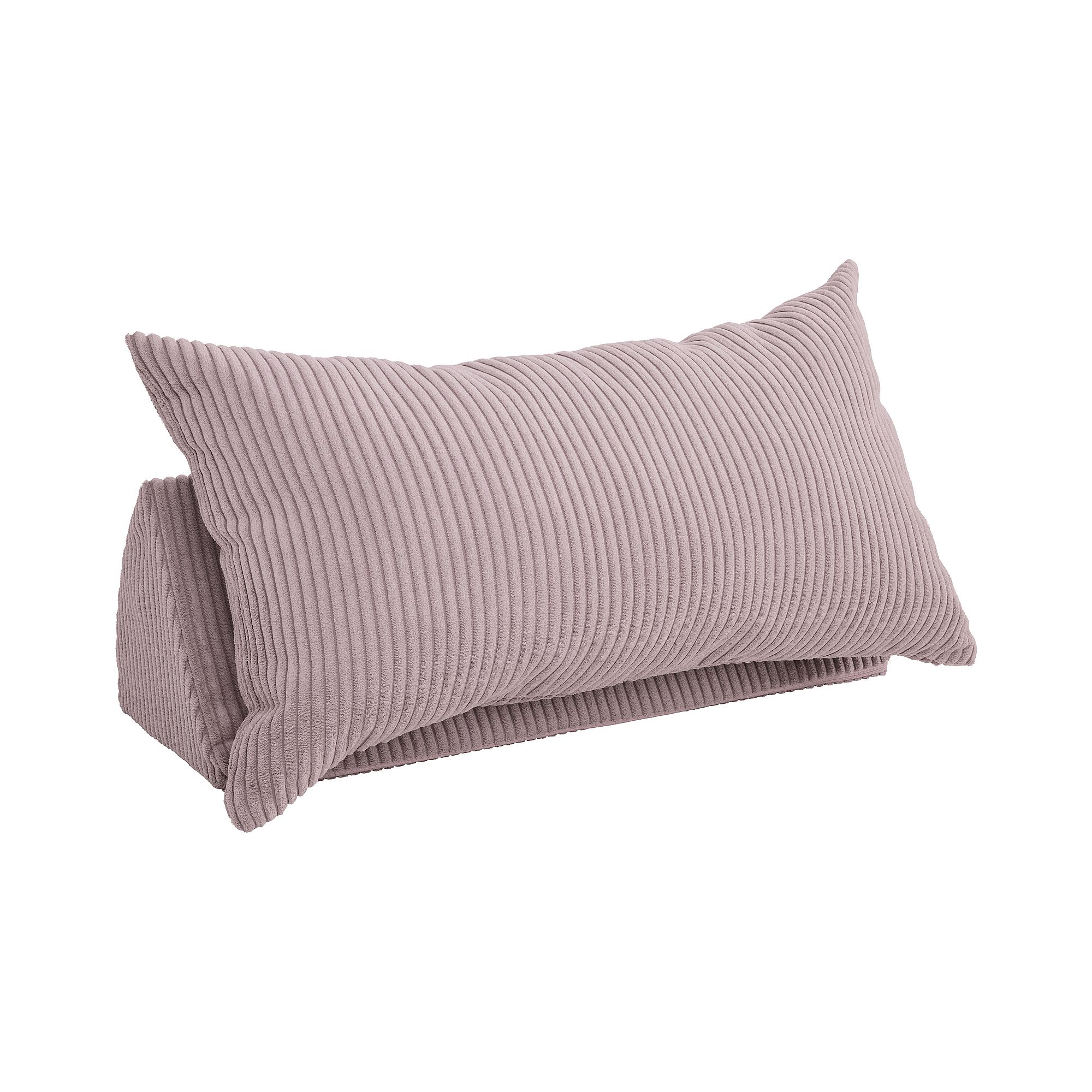 Hellmauvefarbenes, geripptes Keilkissen mit passender Nackenrolle auf weißem Hintergrund.