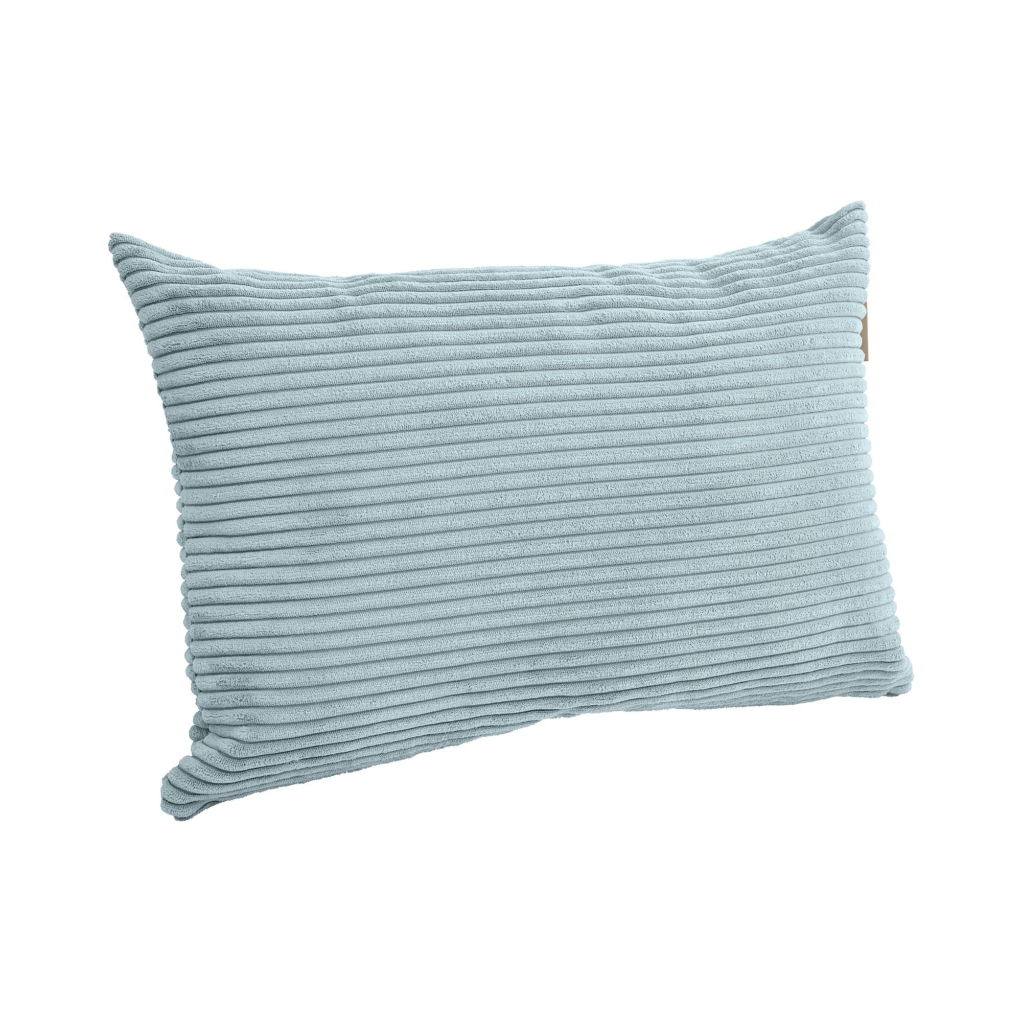 Hellblaues, rechteckiges Kissen mit einer gerippten, strukturierten Oberfläche auf weißem Hintergrund.