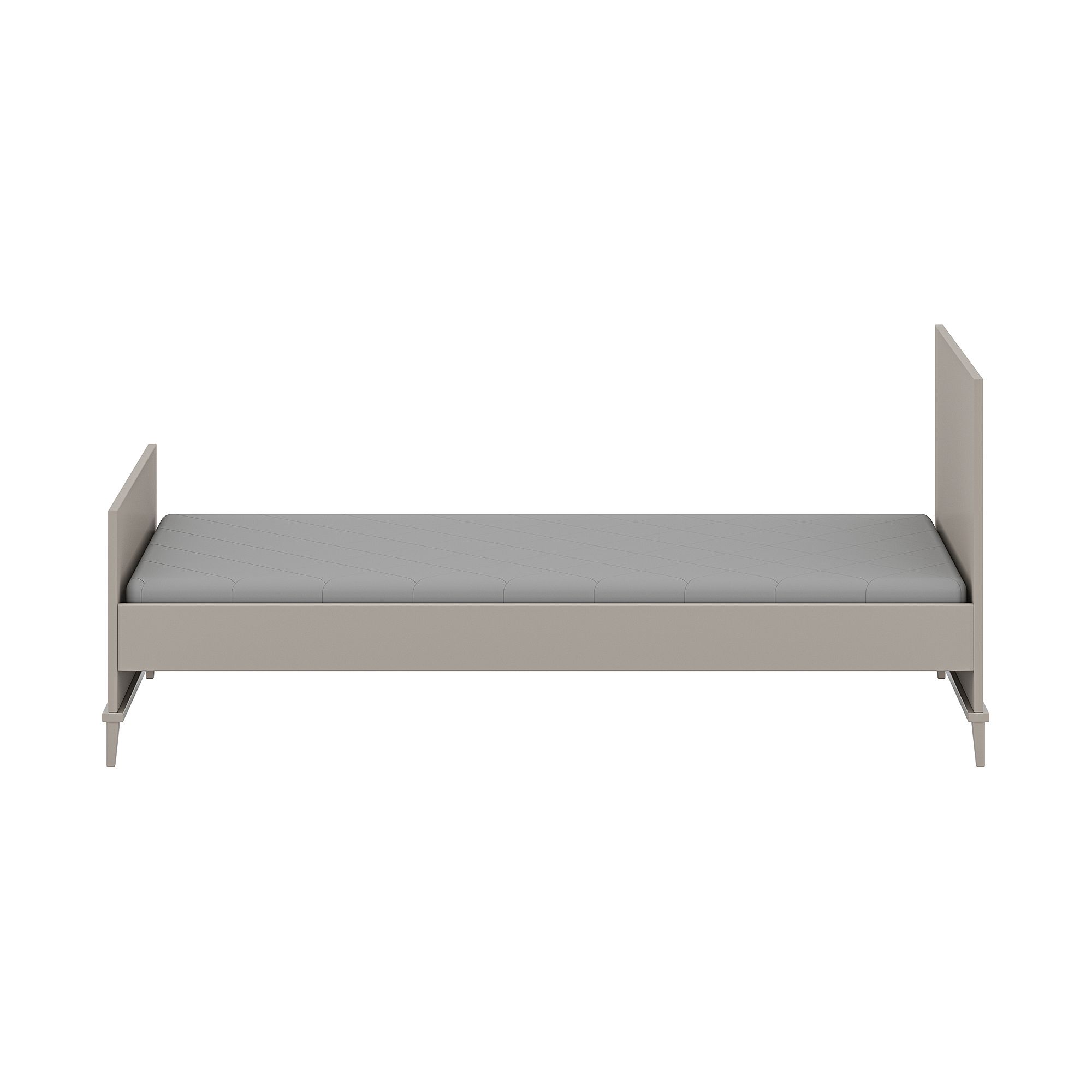 Ein minimalistisches graues Einzelbett mit Kopf- und Fußteil, von vorne gesehen.