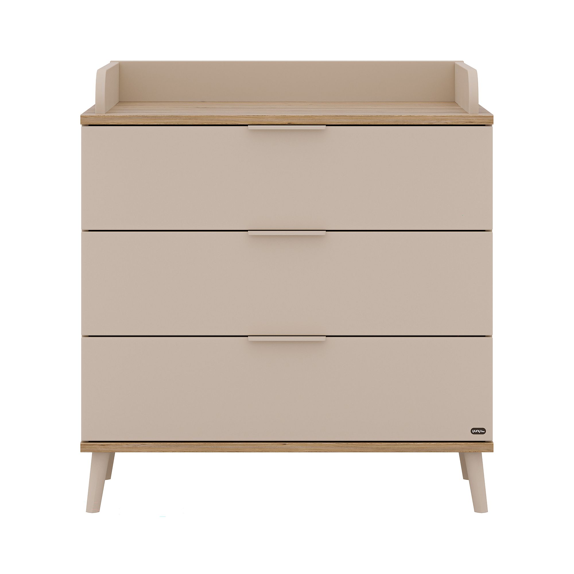 Beigefarbene Kommode mit drei Schubladen, Holzakzenten und abgewinkelten Beinen.