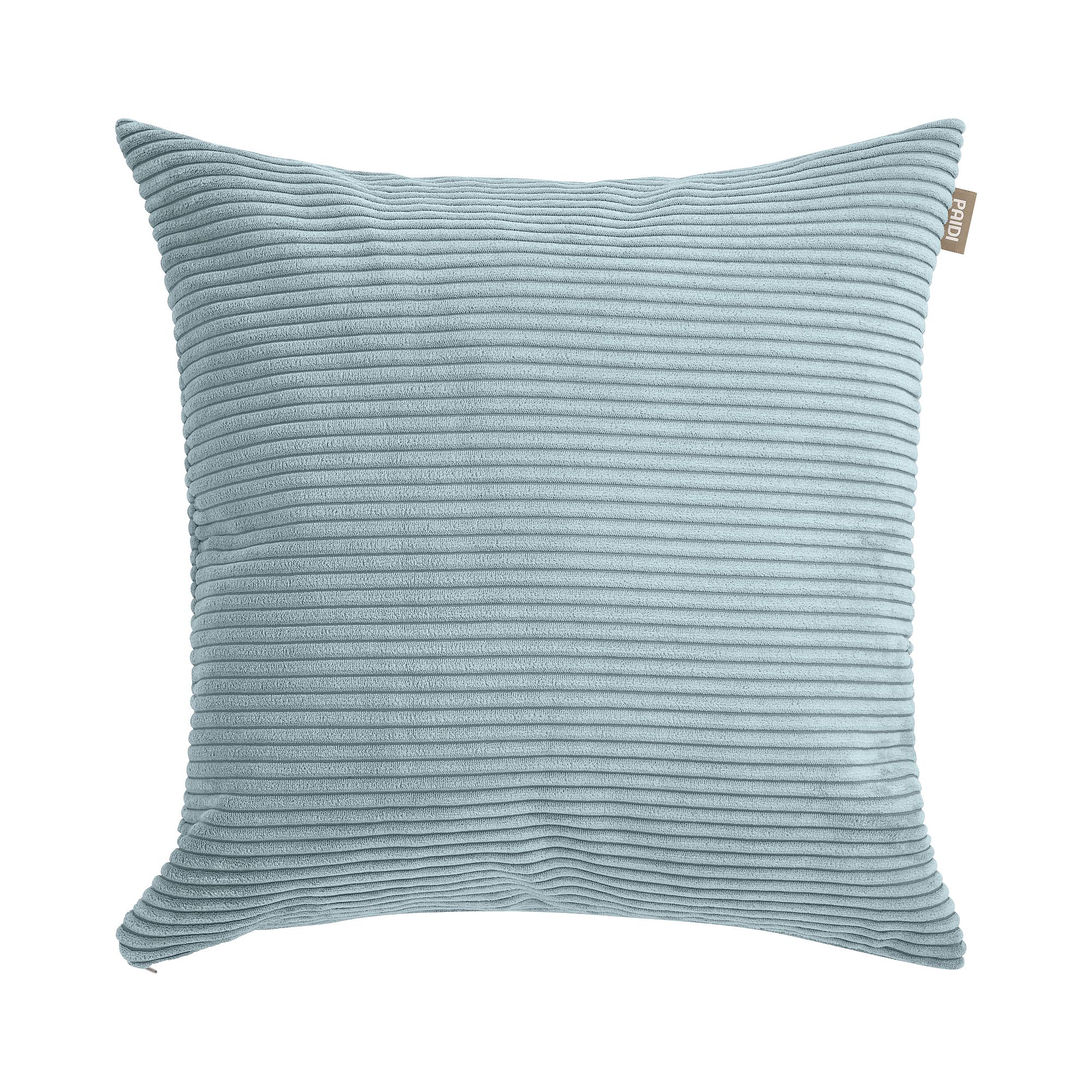 Hellblaues Kordkissen mit horizontalen Rillen, von oben gesehen.