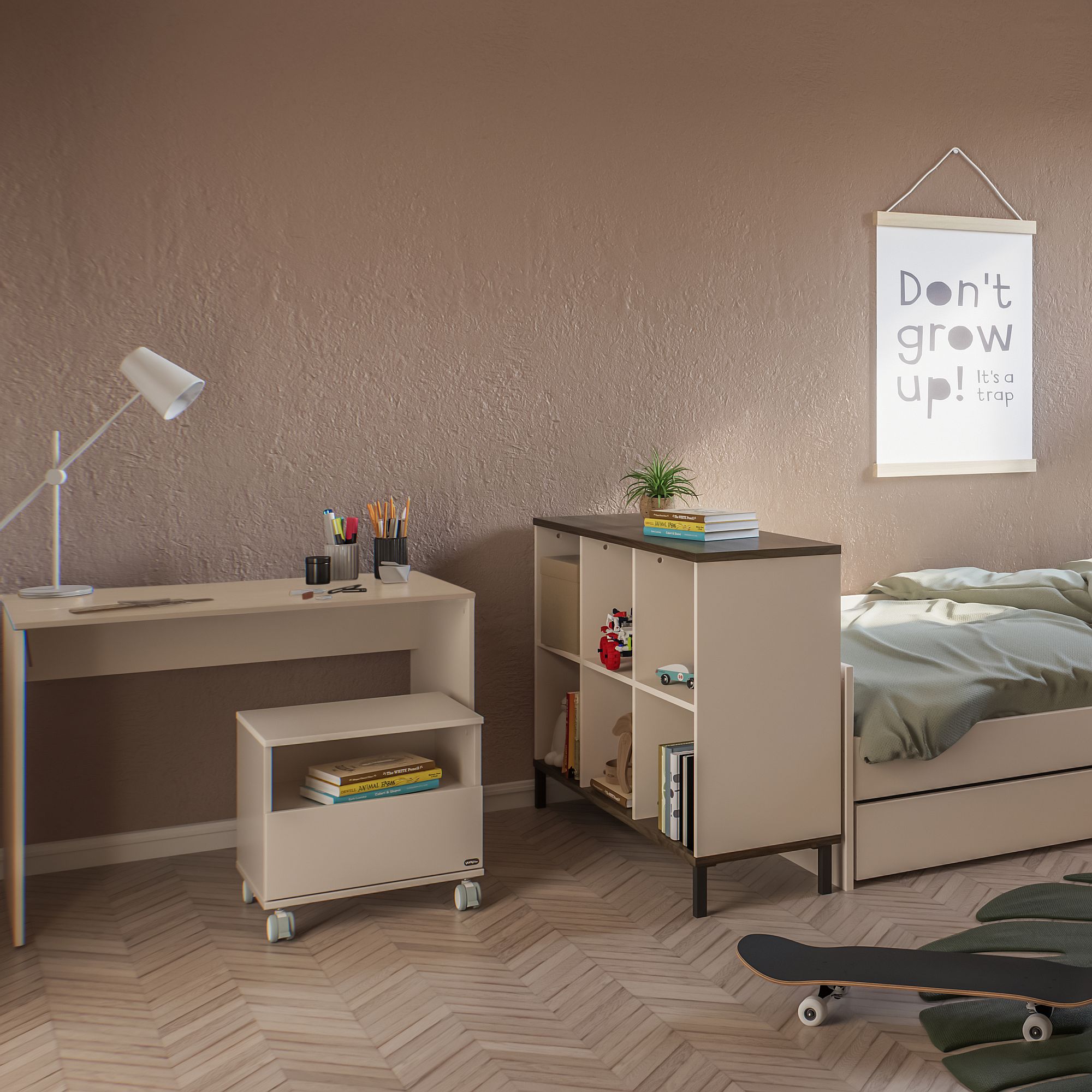 Ein aufgeräumtes Schlafzimmer mit einem Schreibtisch, einem Rollwagen, einem Bett und einem Poster von Dont grow up!.