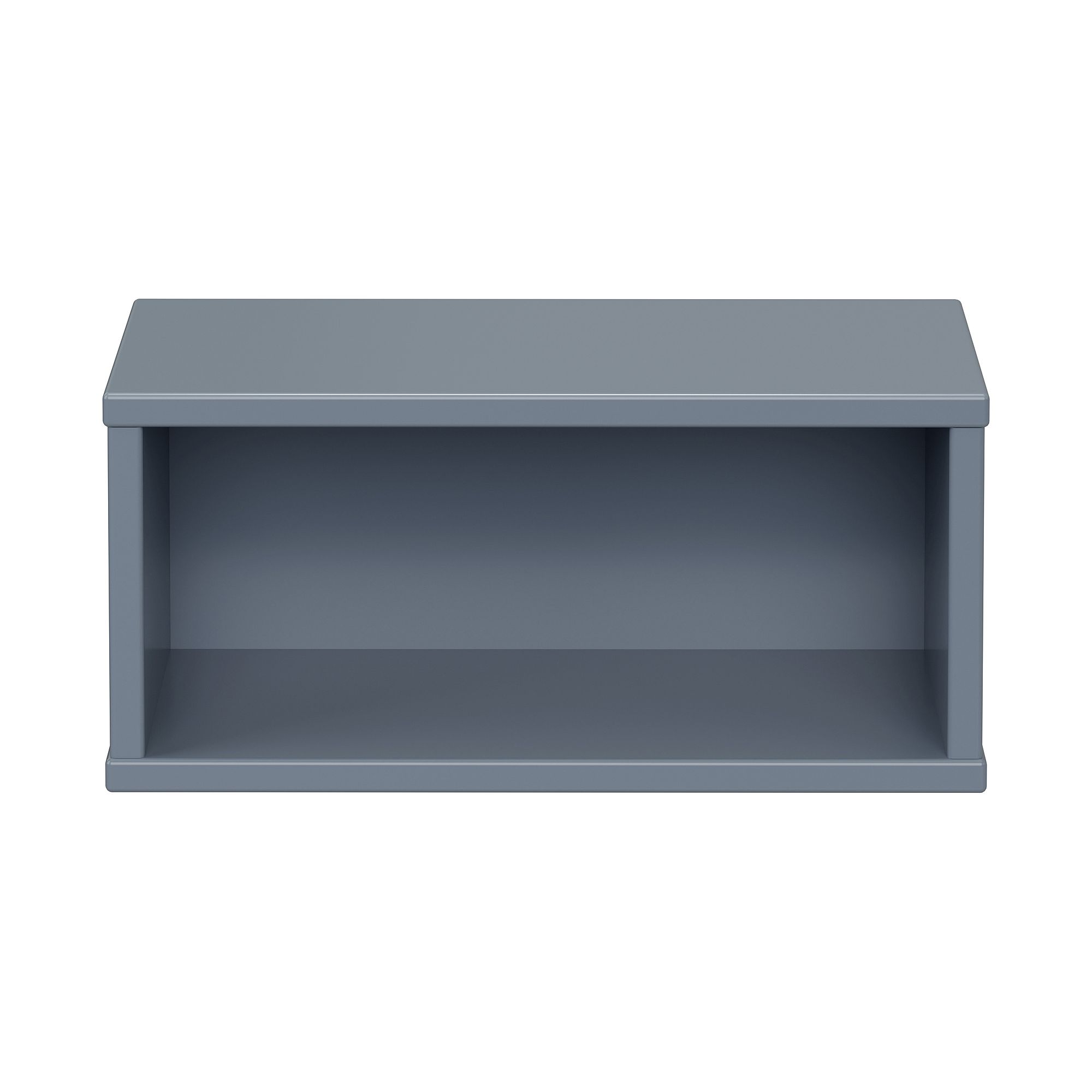Wandregal Wandbox, rechteckig, 40 x 18,5 cm, Mattblau Ein rechteckiges, nach vorne offenes, graues Regal auf weißem Hintergrund.