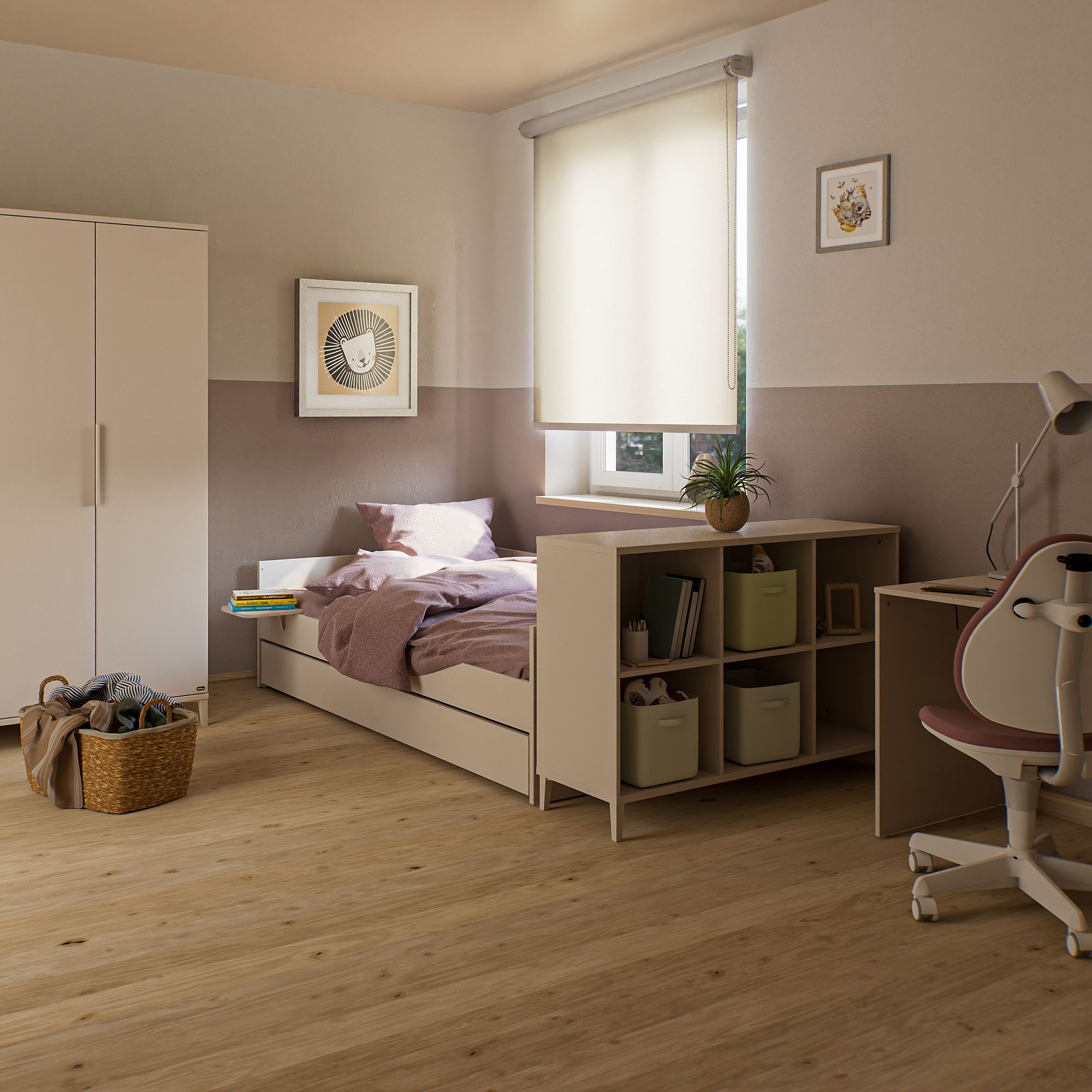 Minimalistisches Schlafzimmer mit einem Einzelbett, Stauraum und neutraler Farbgebung.
