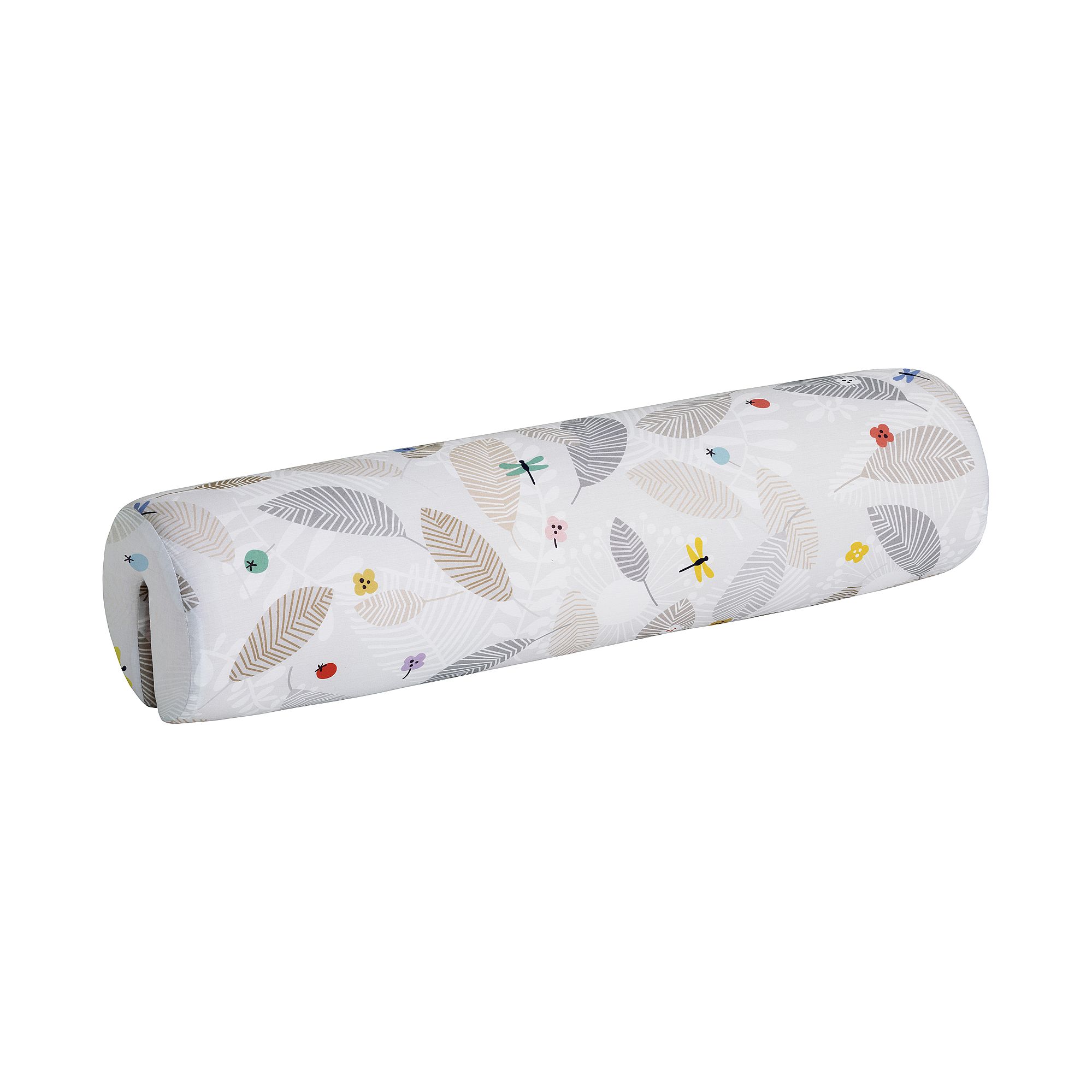 Comfort-Rolle Baumwolle, Motiv "Afrika", 85,30 x Ø 20 cm Weißes zylindrisches Nackenkissen mit Blatt- und Insektenmuster auf dem Stoff.