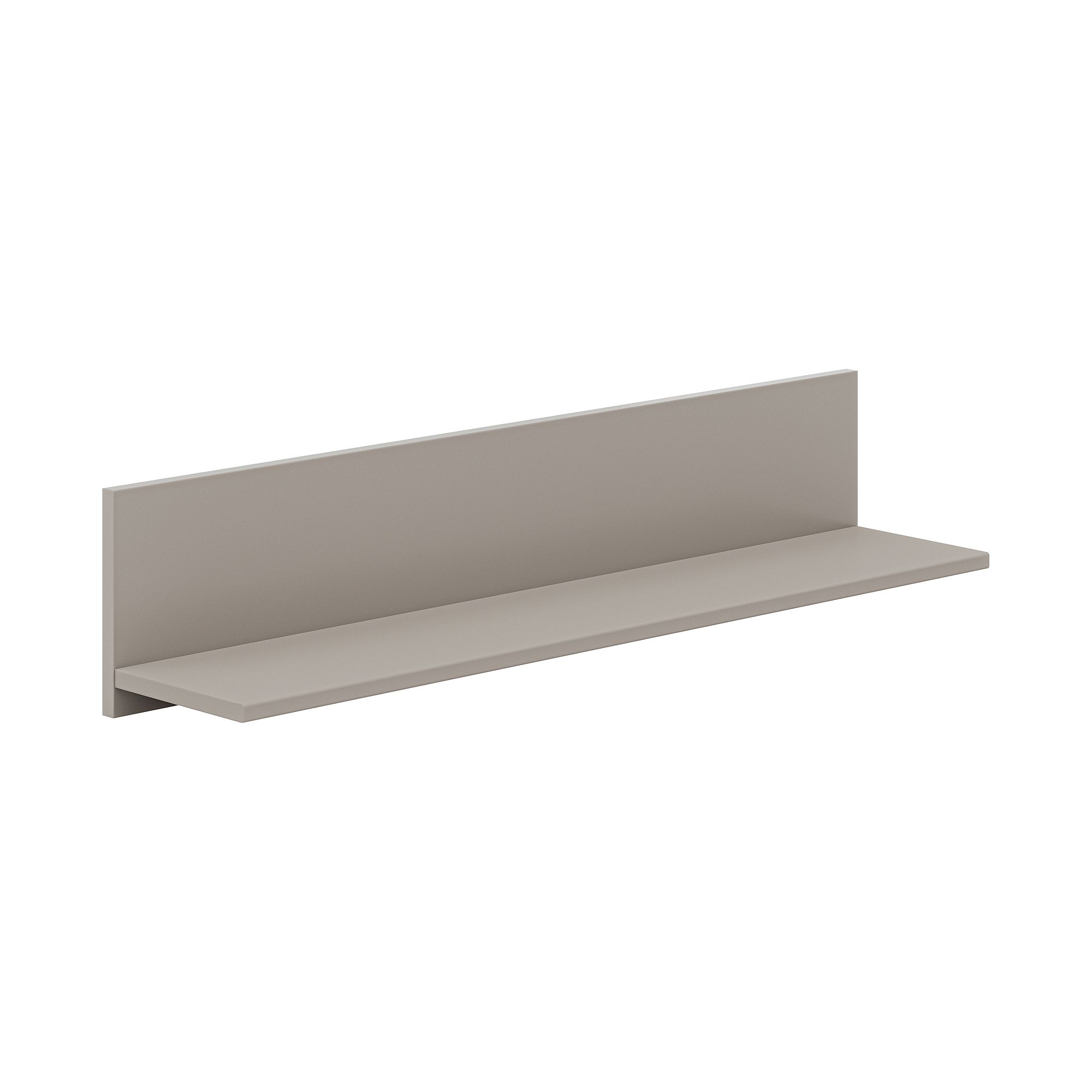 Ein minimalistisches, taupefarbenes, schwebendes Wandregal mit einer Rückwand.