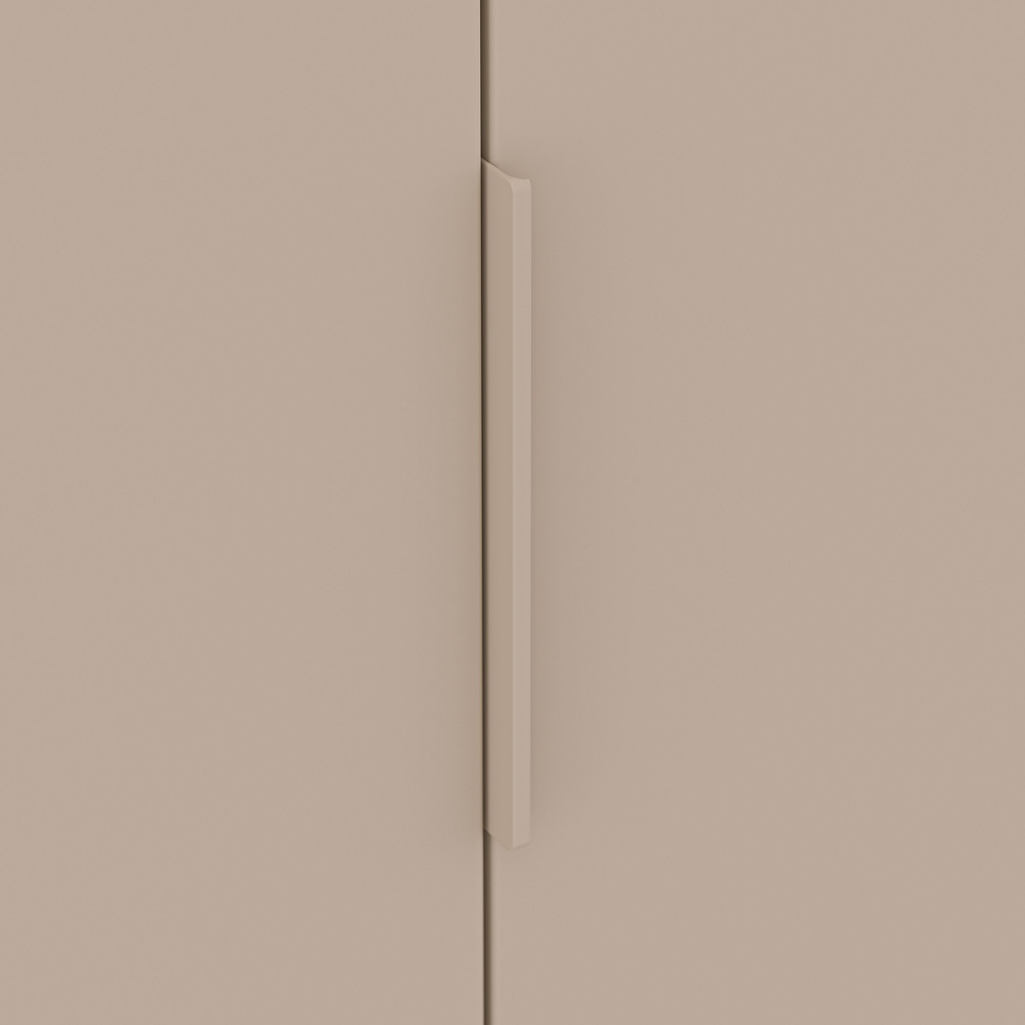 Beigefarbene Schranktüren mit einem vertikalen, passenden beigen Griff in der Mitte.