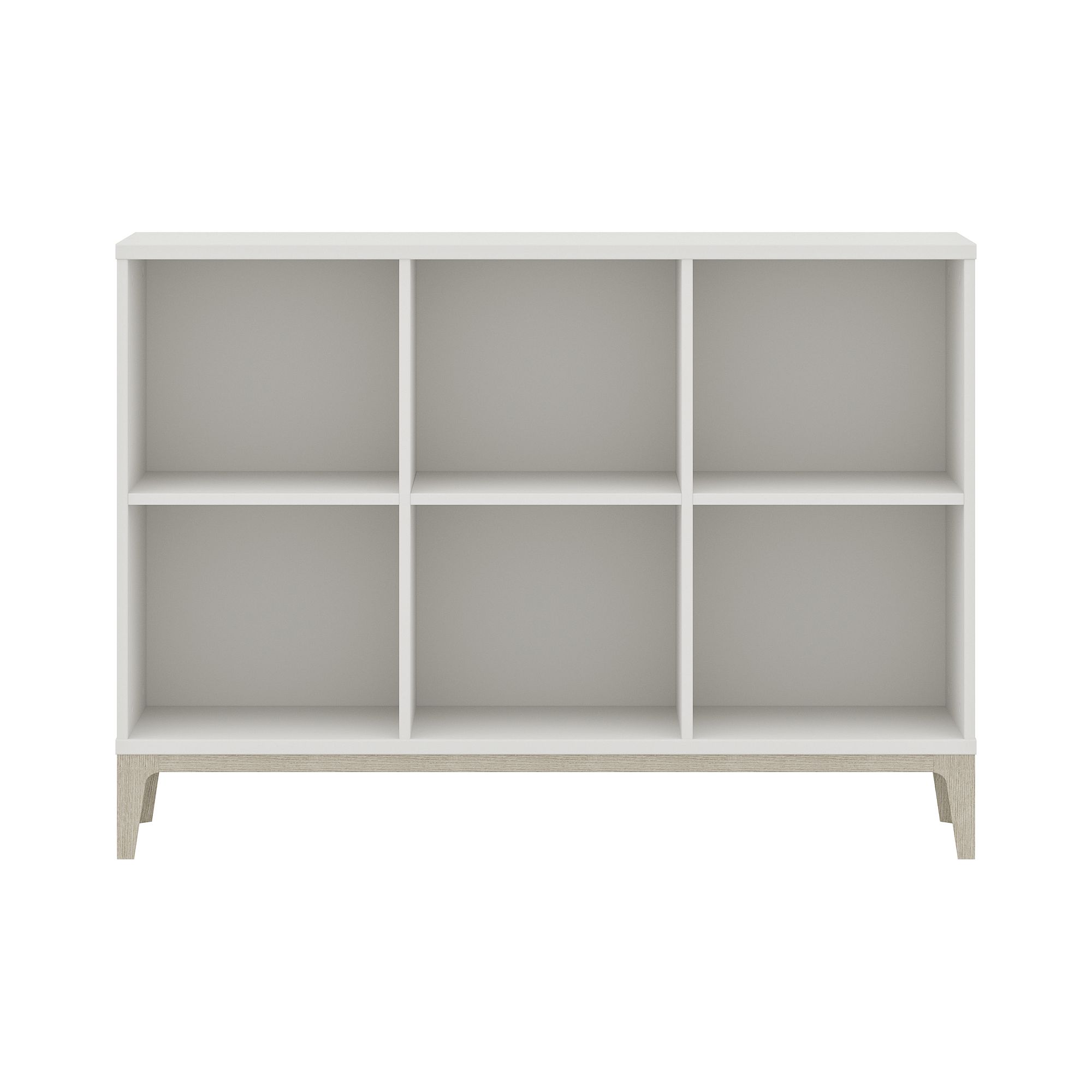 Weißes sechswürfeliges Bücherregal mit offenen Fächern und kurzen Beinen, Vorderansicht.