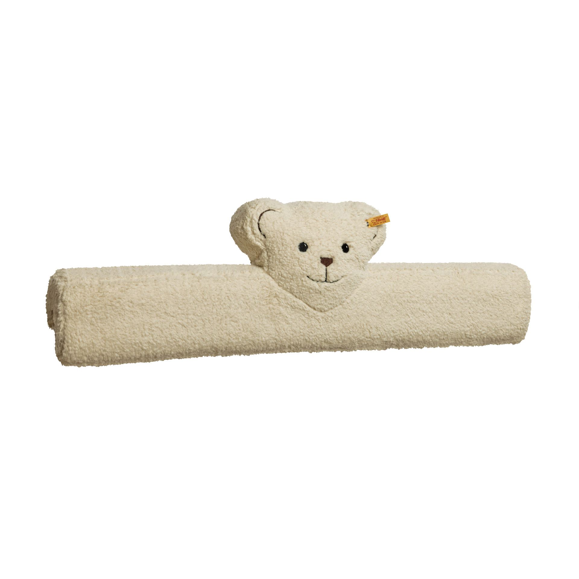 Kopfschutz Steiff by PAIDI Kissen für Wickelaufsatz, Beige Ein gerolltes cremefarbenes Handtuch mit einem Plüsch-Teddybärkopf darauf.