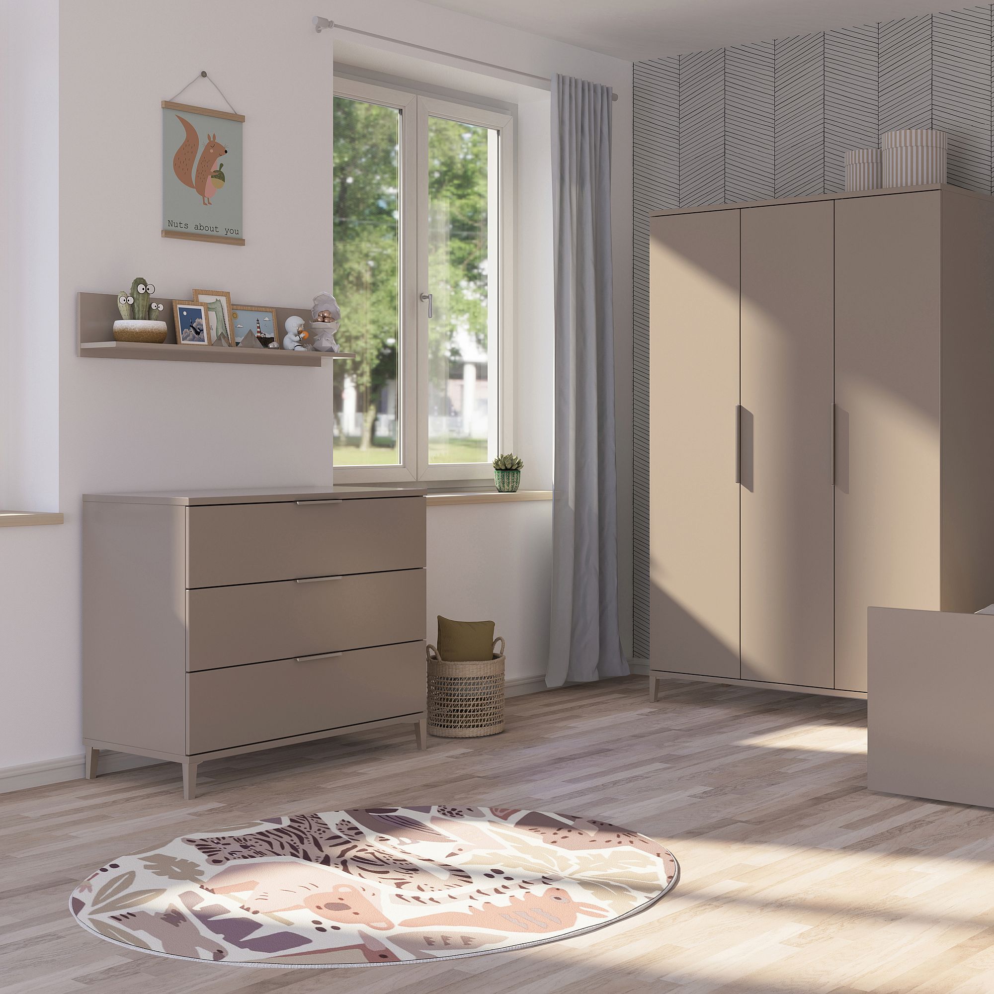 Modernes, beigefarbenes Kinderzimmer mit Kommode, Kleiderschrank und Teppich mit Tiermotiven.