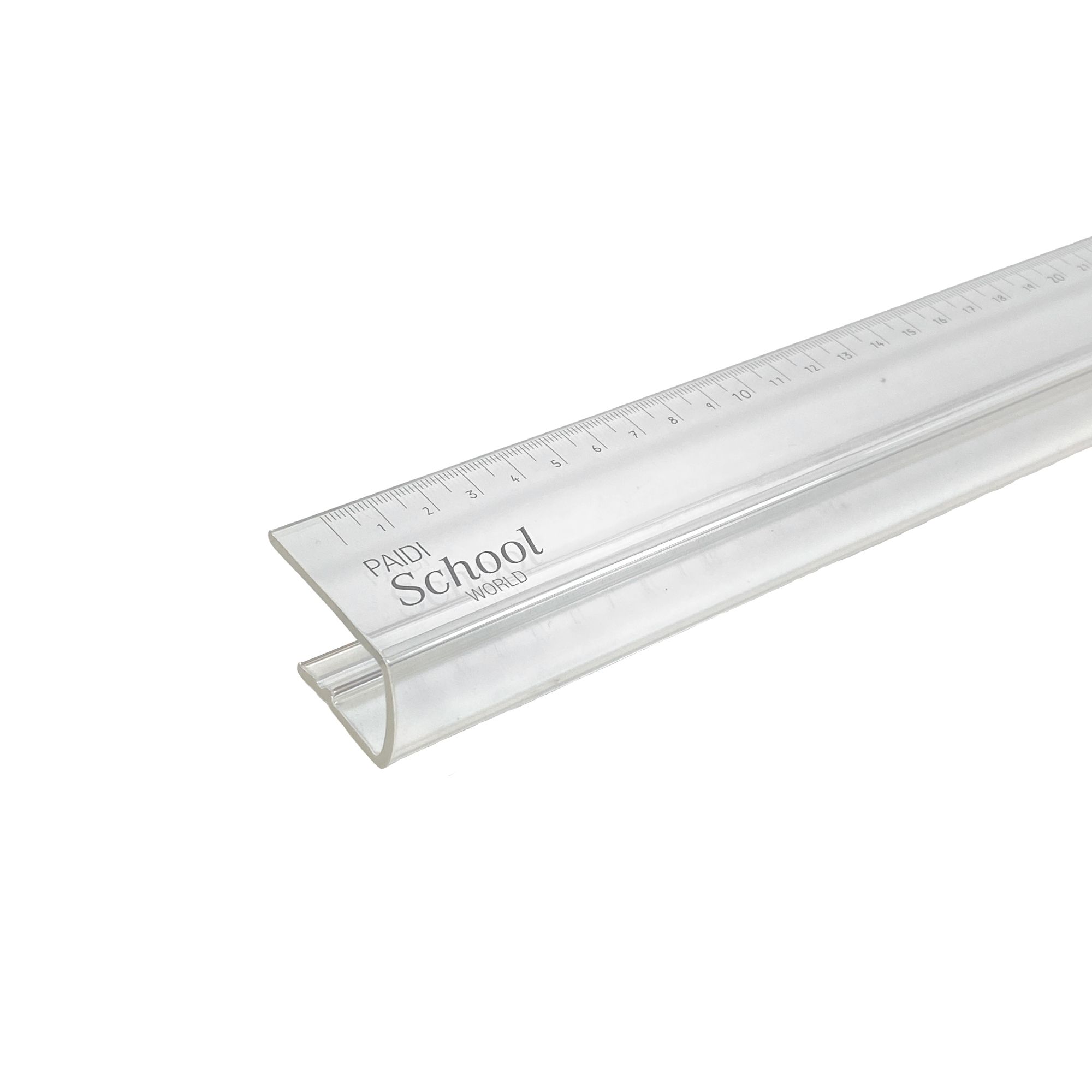 Ein transparentes Kunststofflineal mit erhabener Mitte und Messmarkierungen.