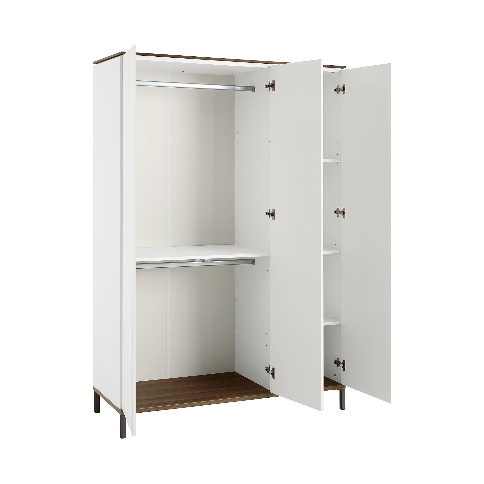 Weißer Kleiderschrank mit offenen Türen, Hängestange, Einlegeböden und Holzakzenten.