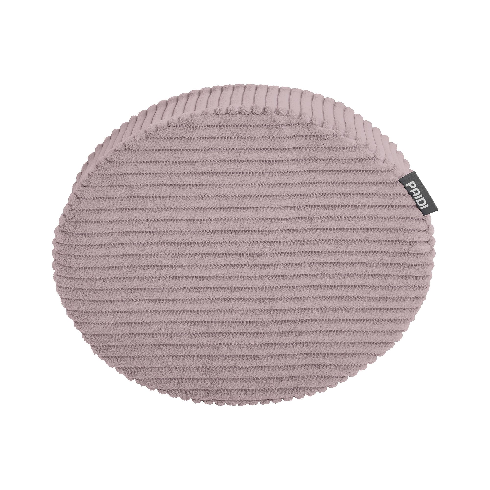 Rundes, geripptes, hellmauvefarbenes Kissen mit einem kleinen schwarzen Stoffanhänger an der Seite.