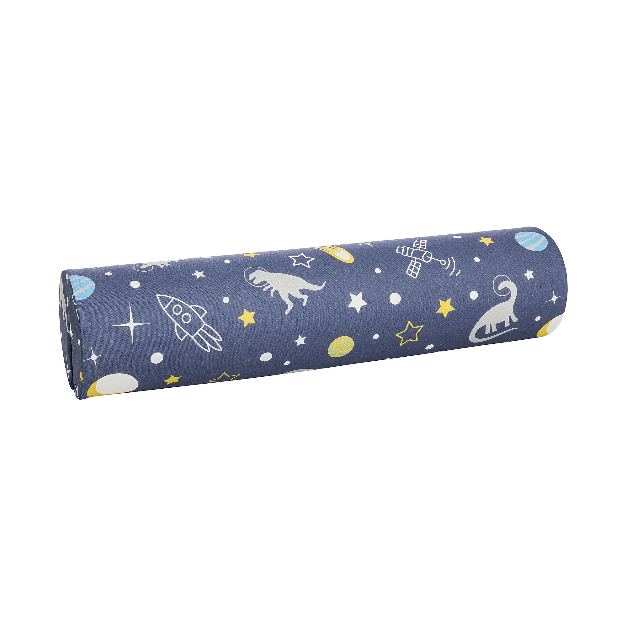 Comfort-Rolle Baumwolle, Motiv "Dinos im Weltall", 85,30 x Ø 20 cm Aufgerollte blaue Matte mit weißen und gelben Dinosaurier- und Weltraummustern.