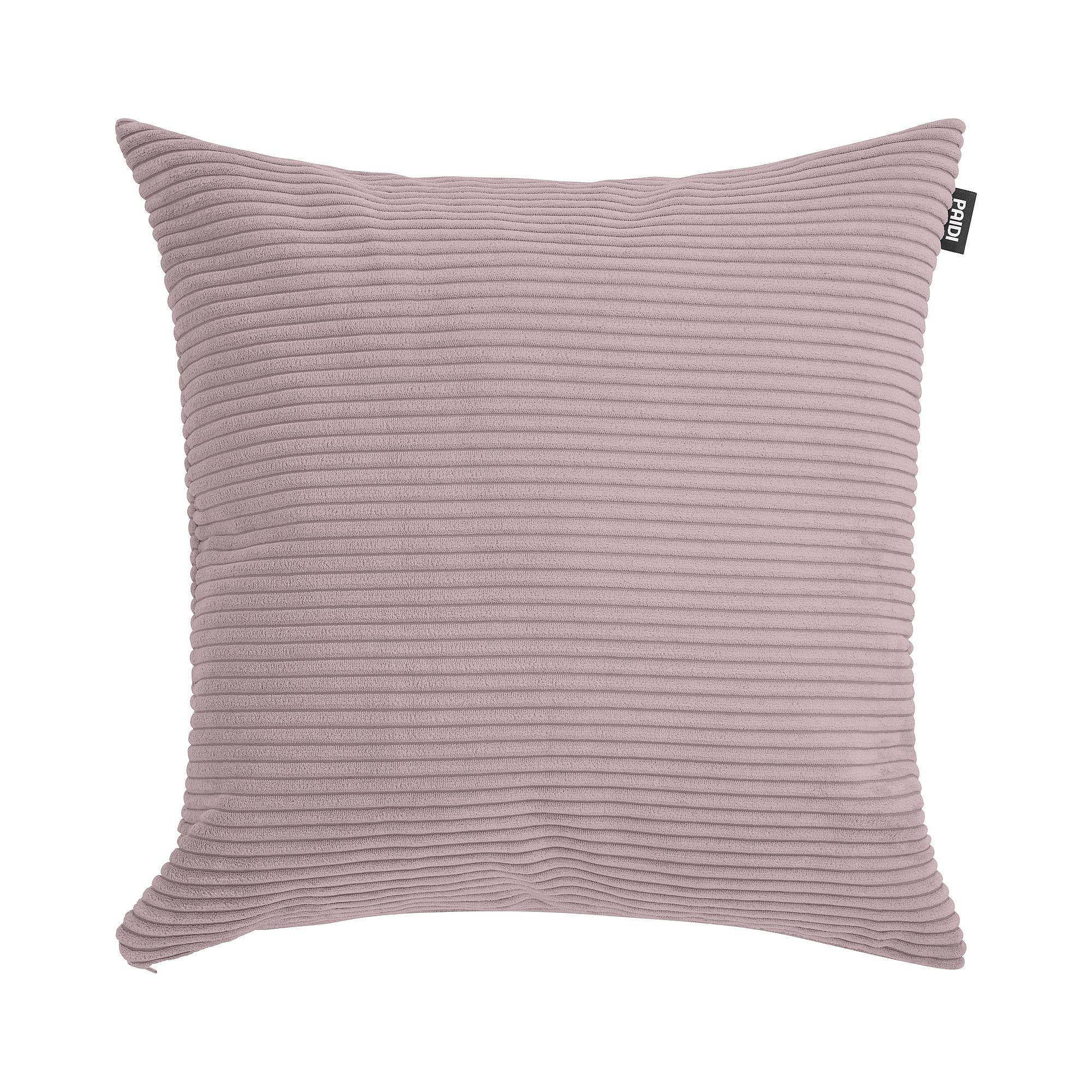 Viereckiges, hellviolettes Kissen mit gerippter Struktur und einem kleinen schwarzen Seitenanhänger.