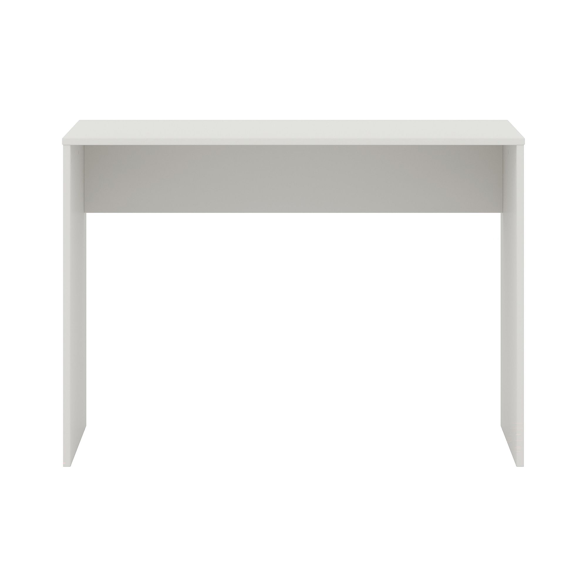 Einfacher weißer, rechteckiger Schreibtisch mit drei flachen Platten und ohne Schubladen oder Einlegeböden.