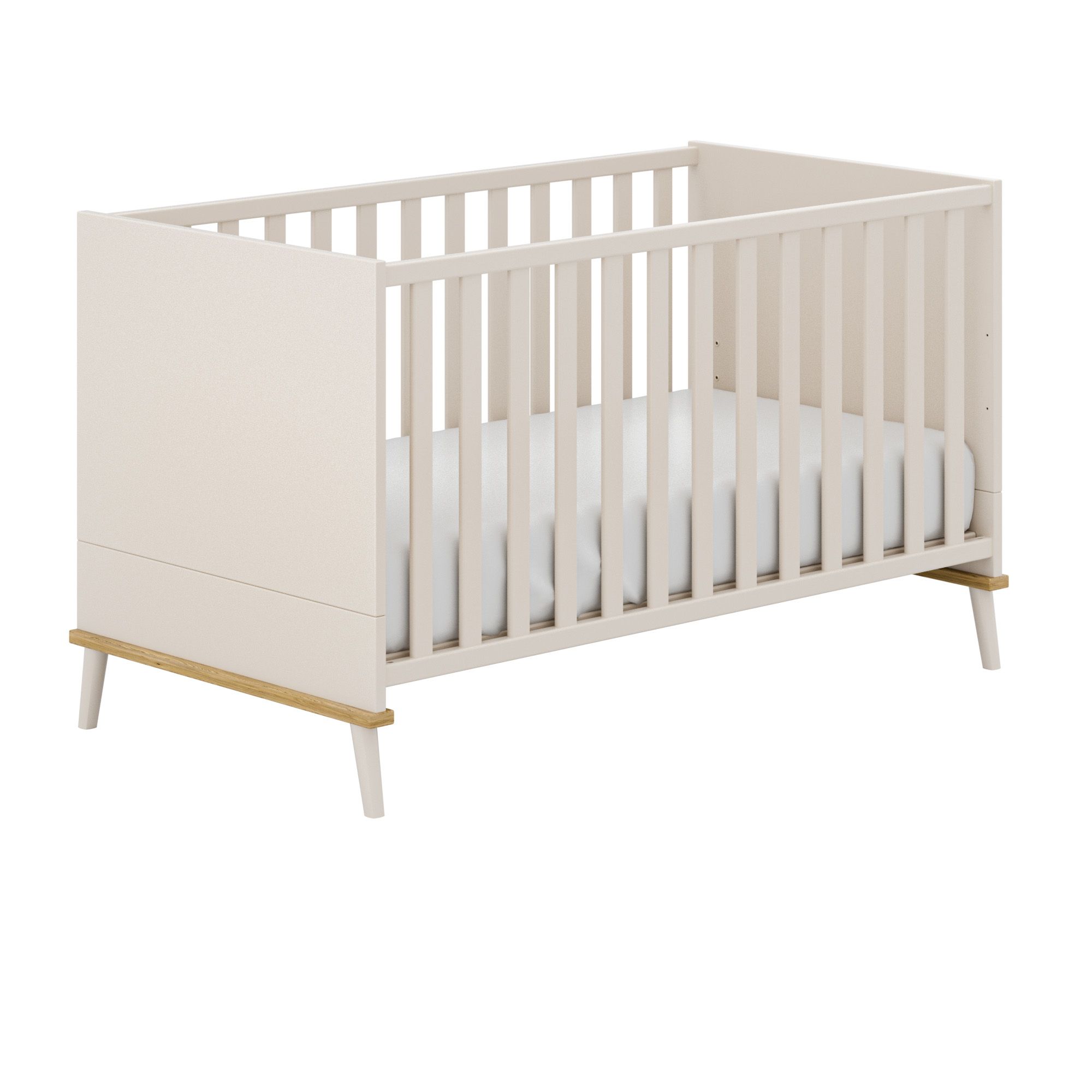 Weißes Babybett aus Holz mit vertikalen Latten und einem einfachen, modernen Design.