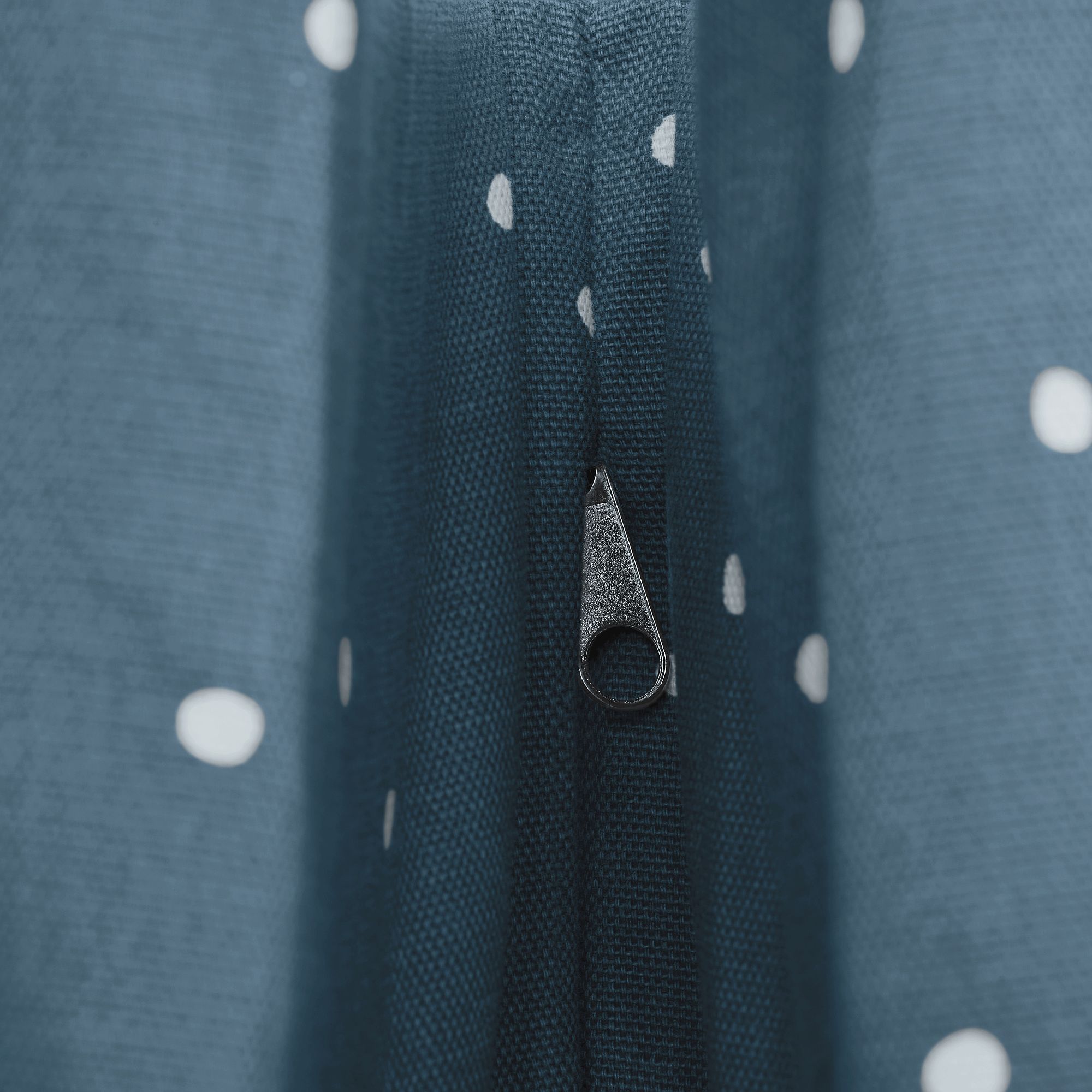 Nahaufnahme eines Reißverschlusses auf blauem Stoff mit weißen Tupfen.