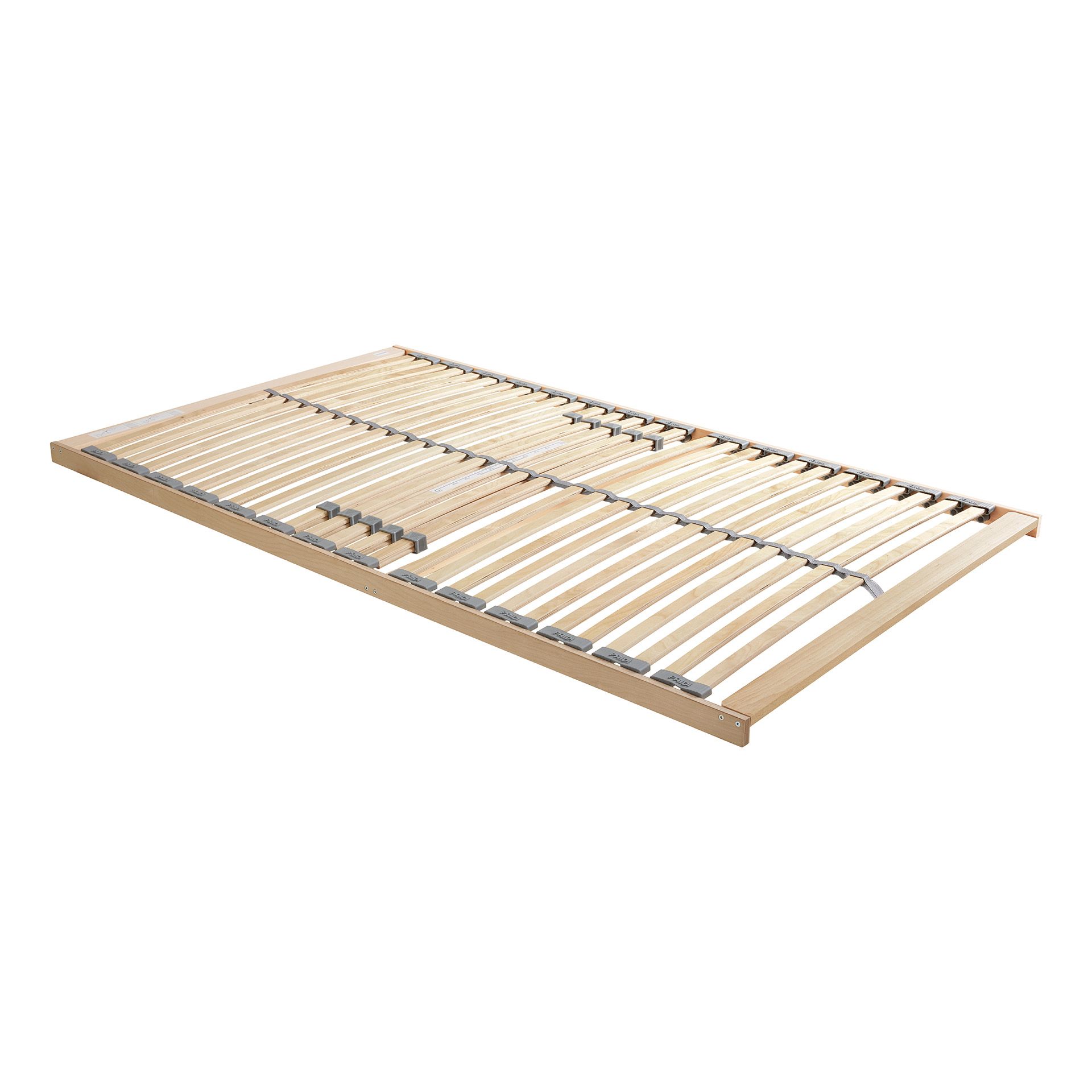 Lattenrost aus Holz mit verstellbaren Spanngleitern auf weißem Hintergrund.