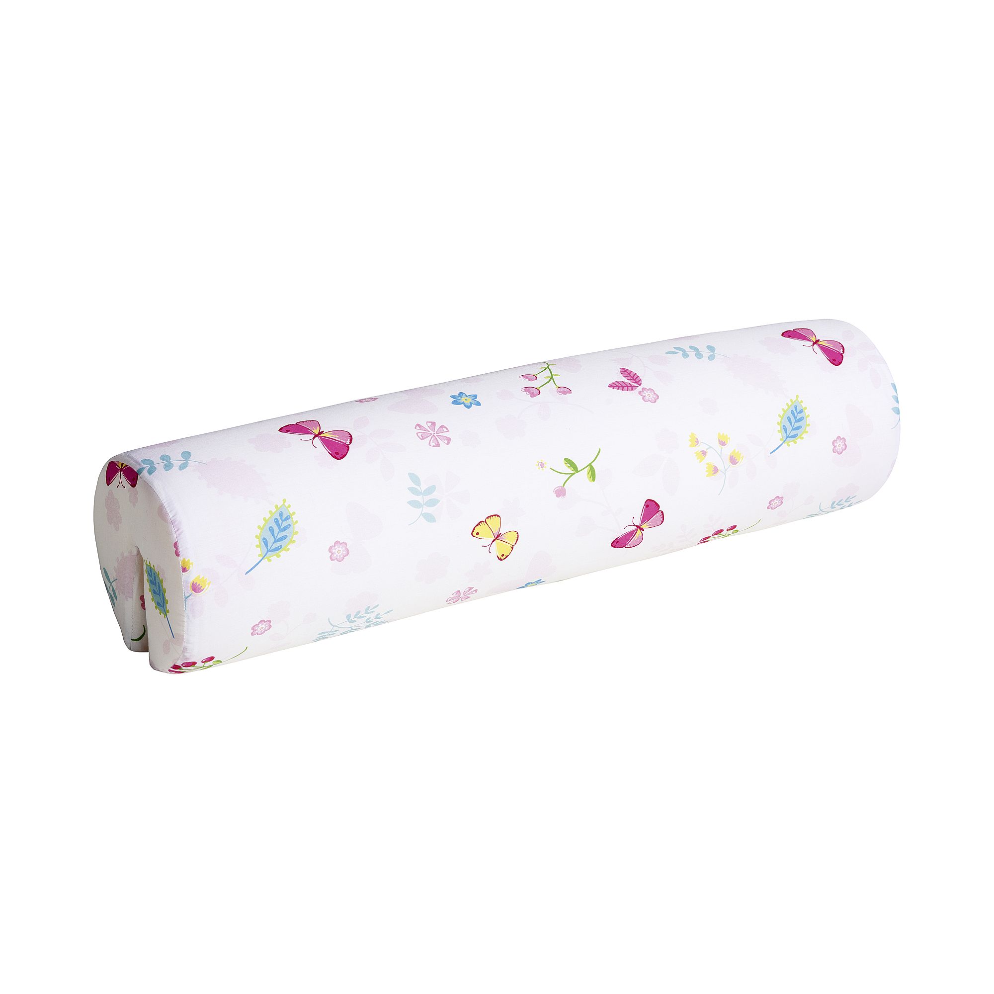 Comfort-Rolle Baumwolle, Motiv "Schmetterling", 85,30 x Ø 20 cm Weißes zylindrisches Kissen mit bunten Schmetterlings- und Blumenmustern.