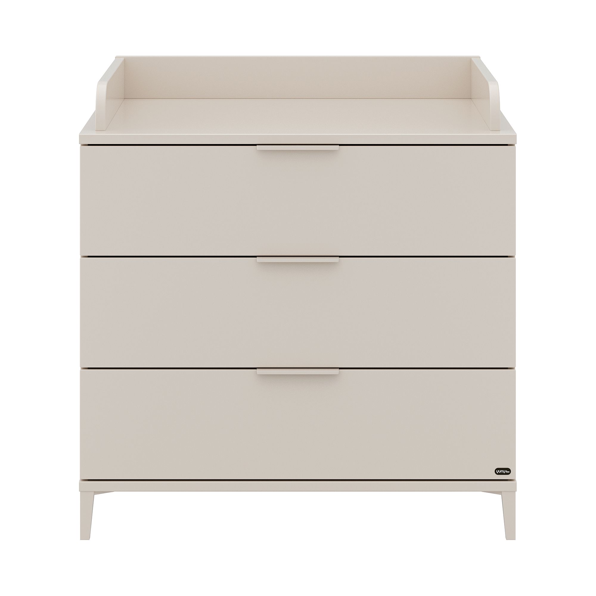 Beigefarbene Kommode mit drei Schubladen, flacher Platte und minimalistischem Design.