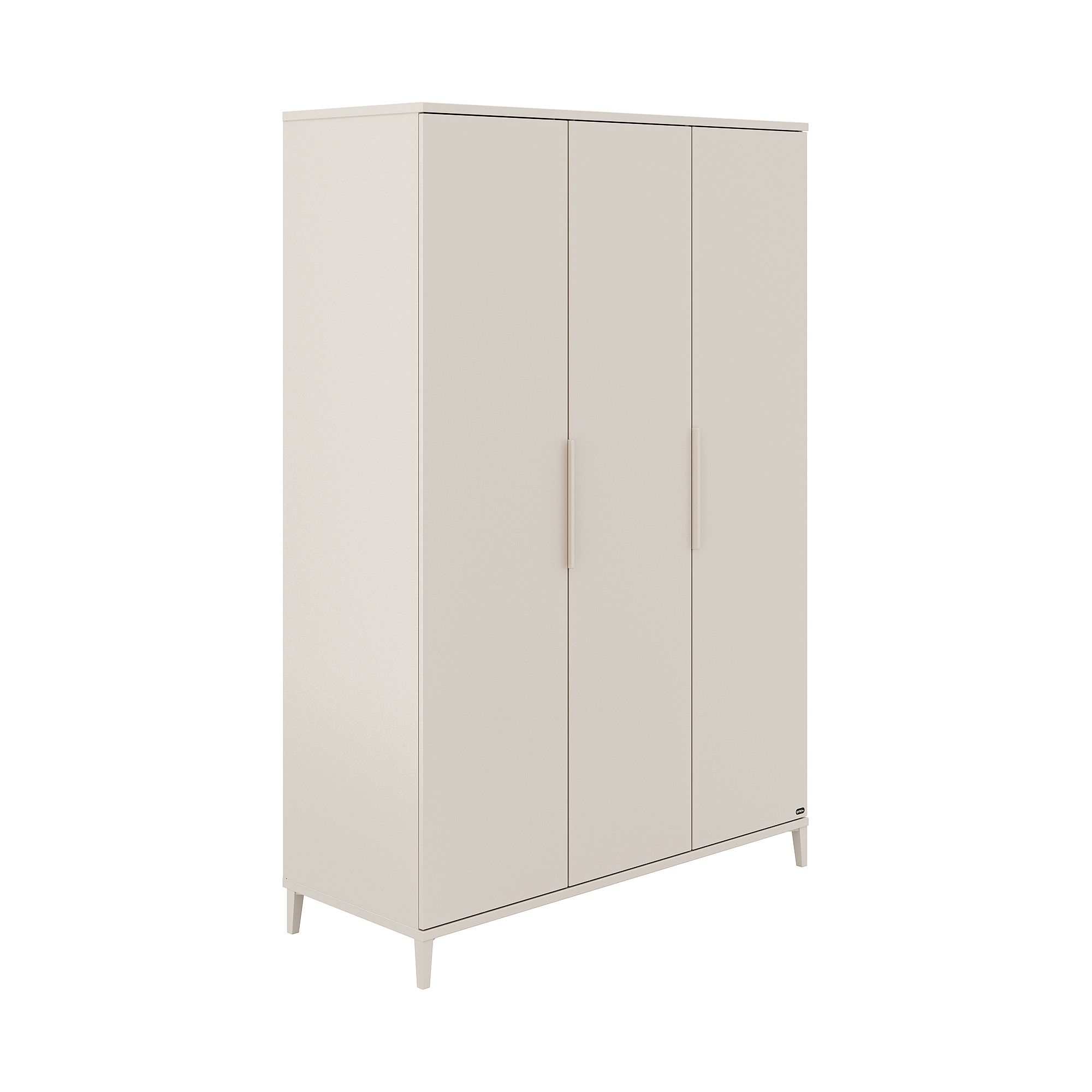 Dreitüriger Kleiderschrank in Beige mit einfachen Griffen und konischen Beinen.