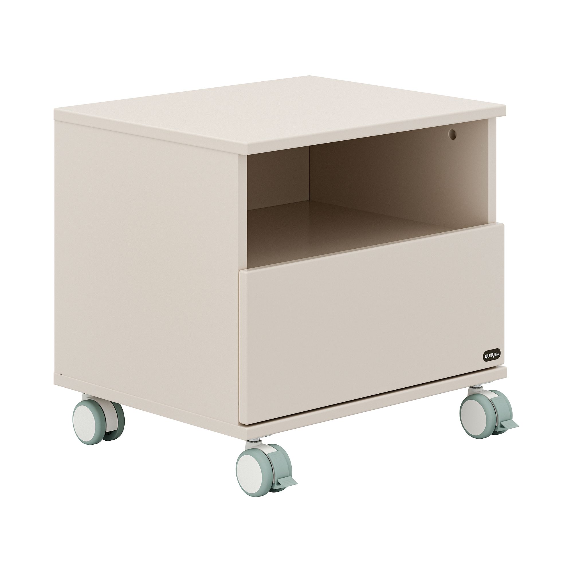 Nachttisch Sister Lou Rollcontainer, 1 Schublade, 1 offenes Fach Beigefarbener Rollschrank mit einem offenen Regal und einer Schublade, auf vier Rädern.
