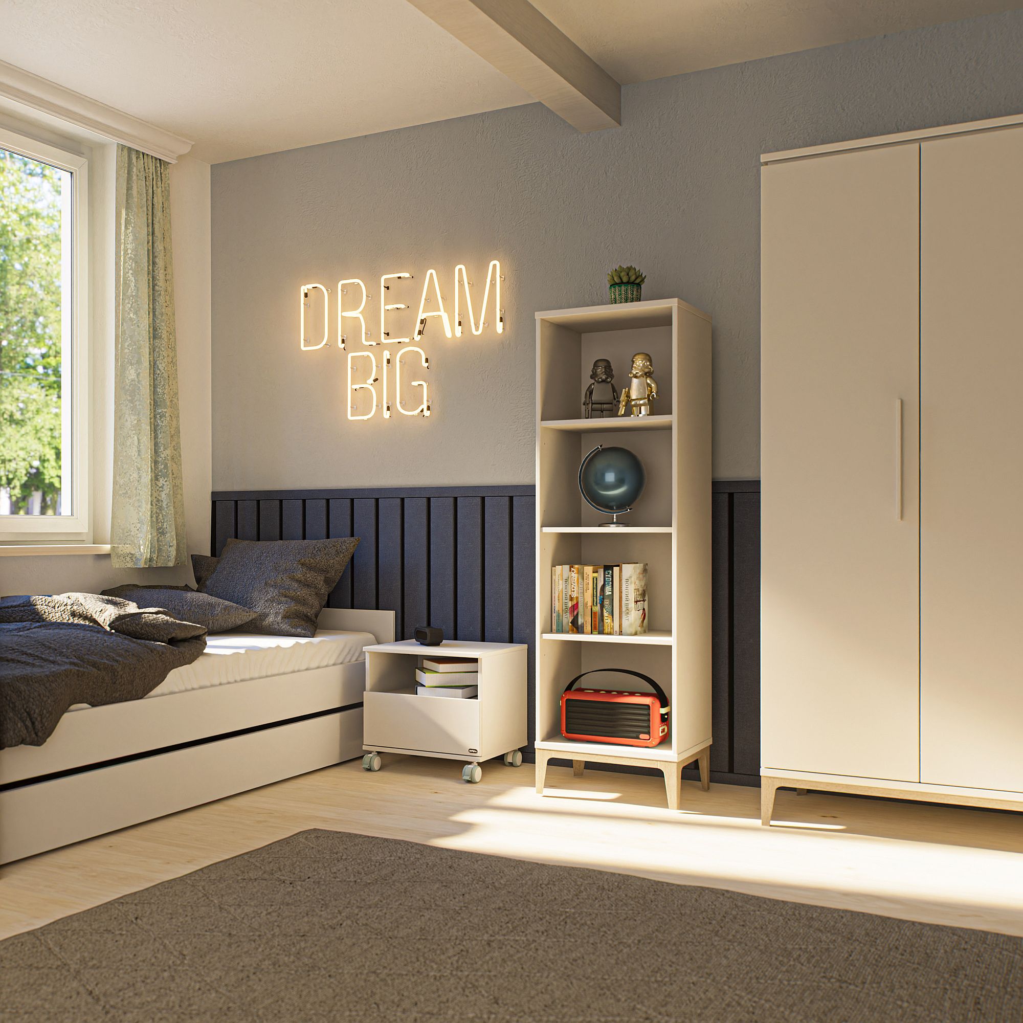 Modernes Schlafzimmer mit DREAM BIG Leuchtreklame, Bett, Kleiderschrank und Bücherregal.